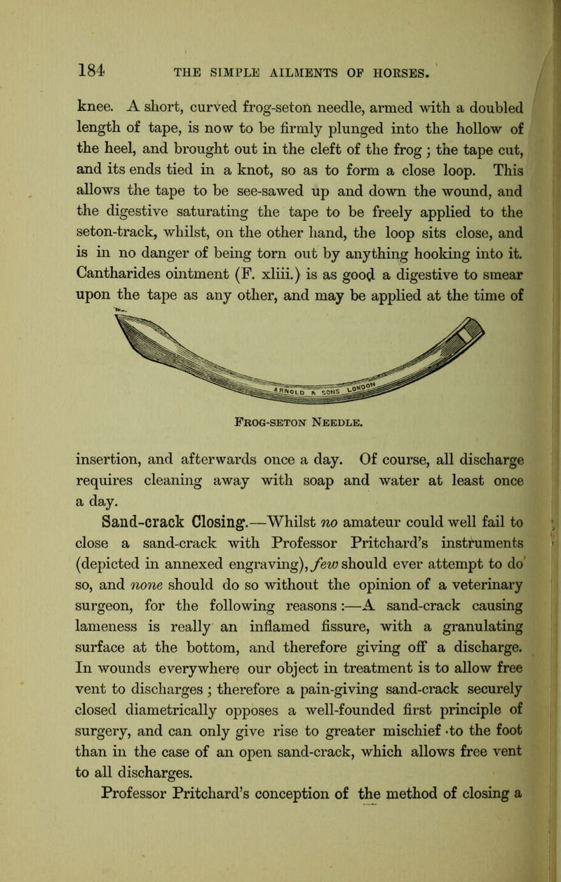 knee. A short, curved frog-seton needle, armed with a doubled length of tape, is now to be firmly plunged into the hollow of the heel, and brought out in the cleft of the frog; the tape cut, and its ends tied in a knot, so as to form a close loop. This allows the tape to be see-sawed up and down the wound, and the digestive saturating the tape to be freely applied to the seton-track, whilst, on the other hand, the loop sits close, and is in no danger of being torn out by anything hooking into it. Cantharides ointment (F. xliii.) is as good a digestive to smear upon the tape as any other, and may be applied at the time of insertion, and afterwards once a day. Of course, all discharge requires cleaning away with soap and water at least once a da,y. Sand-crack Closing.—Whilst no amateur could well fail to close a sand-crack with Professor Pritchard’s instruments (depicted in annexed engraving), few should ever attempt to do’ so, and none should do so without the opinion of a veterinary surgeon, for the following reasons:—A sand-crack causing lameness is really an inflamed fissure, with a granulating surface at the bottom, and therefore giving off a discharge. In wounds everywhere our object in treatment is to allow free vent to discharges; therefore a pain-giving sand-crack securely closed diametrically opposes a well-founded first principle of surgery, and can only give rise to greater mischief -to the foot than in the case of an open sand-crack, which allows free vent to all discharges. Professor Pritchard’s conception of the method of closing a Frog-seton Needle.