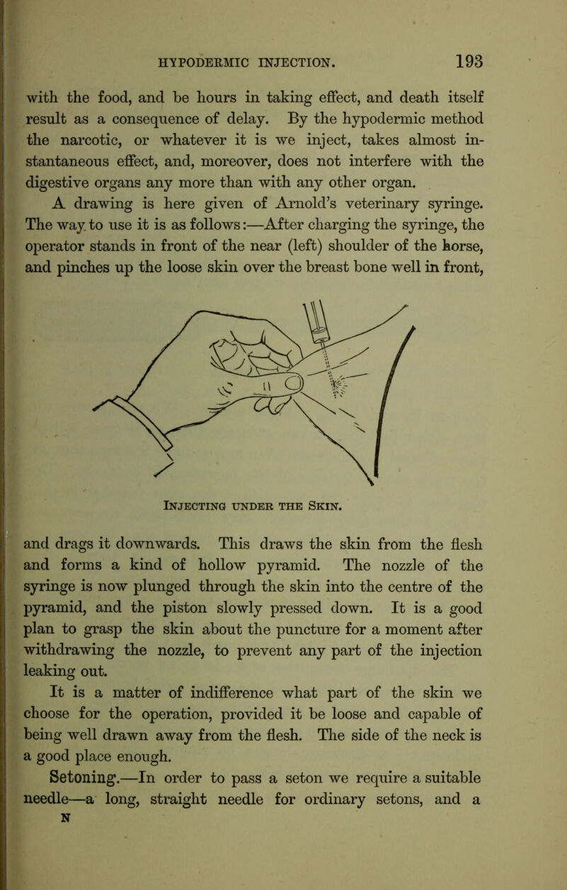 with the food, and be hours in taking effect, and death itself result as a consequence of delay. By the hypodermic method the narcotic, or whatever it is we inject, takes almost in- stantaneous effect, and, moreover, does not interfere with the digestive organs any more than with any other organ. A drawing is here given of Arnold’s veterinary syringe. The way. to use it is as follows:—After charging the syringe, the operator stands in front of the near (left) shoulder of the horse, and pinches up the loose skin over the breast bone well in front, I and drags it downwards. This draws the skin from the flesh and forms a kind of hollow pyramid. The nozzle of the syringe is now plunged through the skin into the centre of the pyramid, and the piston slowly pressed down. It is a good plan to grasp the skin about the puncture for a moment after withdrawing the nozzle, to prevent any part of the injection leaking out. It is a matter of indifference what part of the skin we choose for the operation, provided it be loose and capable of being well drawn away from the flesh. The side of the neck is a good place enough. Setoning.—In order to pass a seton we require a suitable needle—a long, straight needle for ordinary setons, and a N