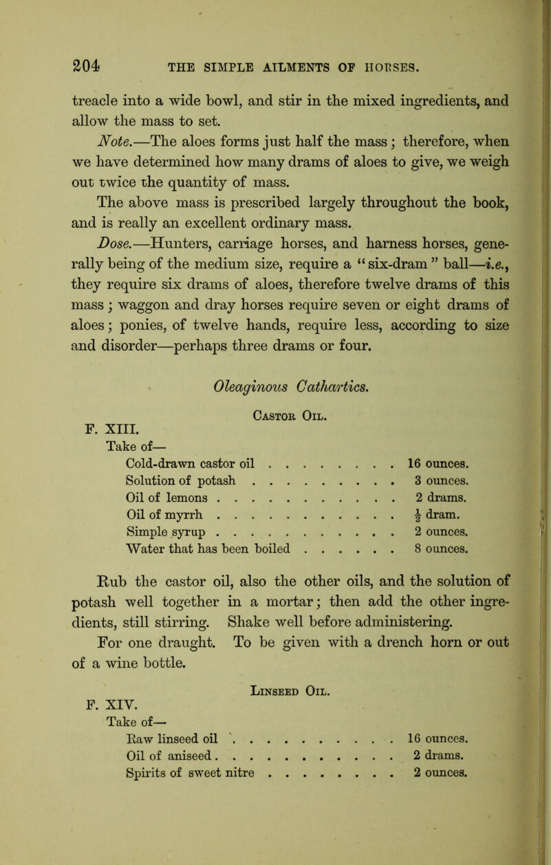 treacle into a wide bowl, and stir in the mixed ingredients, and allow the mass to set. Note.—The aloes forms just half the mass; therefore, when we have determined how many drams of aloes to give, we weigh out twice the quantity of mass. The above mass is prescribed largely throughout the book, and is really an excellent ordinary mass. Dose.—Hunters, carriage horses, and harness horses, gene- rally being of the medium size, require a “ six-dram ” ball—i.e., they require six drams of aloes, therefore twelve drams of this mass ; waggon and dray horses require seven or eight drams of aloes; ponies, of twelve hands, require less, according to size and disorder—perhaps three drams or four. Oleaginous Cathartics. Castor Oil. F. XIII. Take of— Cold-drawn castor oil . . Solution of potash . . . Oil of lemons Oil of myrrh Simple syrup Water that has been boiled 16 ounces. 3 ounces. 2 drams. \ dram. 2 ounces. 8 ounces. Rub the castor oil, also the other oils, and the solution of potash well together in a mortar; then add the other ingre- dients, still stirring. Shake well before administering. For one draught. To be given with a drench horn or out of a wine bottle. Linseed Oil. F. XIY. Take of— Raw linseed oil 16 ounces. Oil of aniseed 2 drams. Spirits of sweet nitre 2 ounces.