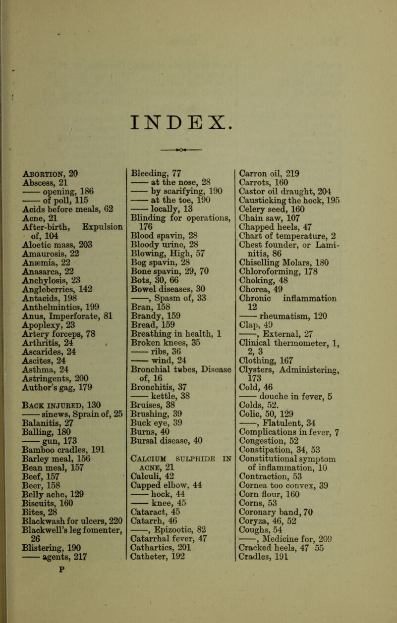 INDEX Abortion, 20 Abscess, 21 opening, 186 of poll, 115 Acids before meals, 62 Acne, 21 After-birth, Expulsion of, 104 Aloetic mass, 203 Amaurosis, 22 Anaemia, 22 Anasarca, 22 Anchylosis, 23 Angleberries, 142 Antacids, 198 Anthelmintics, 199 Anus, Imperforate, 81 Apoplexy, 23 Artery forceps, 78 Arthritis, 24 Ascarides, 24 Ascites, 24 Asthma, 24 Astringents, 200 Author’s gag, 179 Back injured, 130 sinews, Sprain of, 25 Balanitis, 27 Balling, 180 gun, 173 Bamboo cradles, 191 Barley meal, 156 Bean meal, 157 Beef, 157 Beer, 158 Belly ache, 129 Biscuits, 160 Bites, 28 Blackwash for ulcers, 220 Blackwell’s leg fomenter, 26 Blistering, 190 agents, 217 P Bleeding, 77 at the nose, 28 by scarifying, 190 at the toe, 190 locally, 13 Blinding for operations, 176 Blood spavin, 28 Bloody urine, 28 Blowing, High, 57 Bog spavin, 28 Bone spavin, 29, 70 Bots, 30, 66 Bowel diseases, 30 , Spasm of, 33 Bran, 158 Brandy, 159 Bread, 159 Breathing in health, 1 Broken knees, 35 ribs, 36 wind, 24 Bronchial tubes, Disease of, 16 Bronchitis, 37 kettle, 38 Bruises, 38 Brushing, 39 Buck eye, 39 Burns, 40 Bursal disease, 40 Calcium sulphide in acne, 21 Calculi, 42 Capped elbow, 44 hock, 44 knee, 45 Cataract, 45 Catarrh, 46 , Epizootic, 82 Catarrhal fever, 47 Cathartics, 201 Catheter, 192 Carron oil, 219 Carrots, 160 Castor oil draught, 204 Causticking the hock, 195 Celery seed, 160 Chain saw, 107 Chapped heels, 47 Chart of temperature, 2 Chest founder, or Lami- nitis, 86 Chiselling Molars, 180 Chloroforming, 178 Choking, 48 Chorea, 49 Chronic inflammation 12 rheumatism, 120 Clap, 49 , External, 27 Clinical thermometer, 1, 2 3 Clothing, 167 Clysters, Administering, 173 Cold, 46 douche in fever, 5 Colds, 52. Colic, 50, 129 , Flatulent, 34 Complications in fever, 7 Congestion, 52 Constipation, 34, 53 Constitutional symptom of inflammation, 10 Contraction, 53 Cornea too convex, 39 Corn flour, 160 Corns, 53 Coronary band, 70 Coryza, 46, 52 Coughs, 54 , Medicine for, 209 Cracked heels, 47 55 Cradles, 191