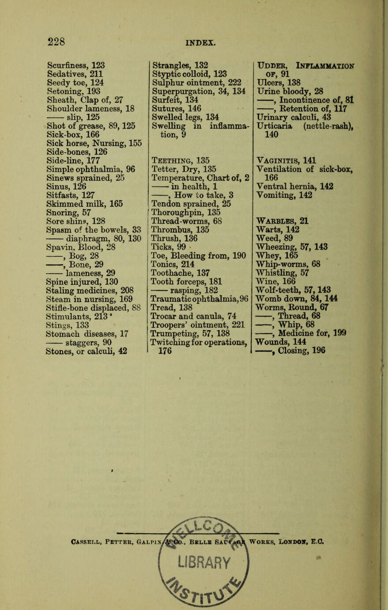 Scurfmess, 123 Sedatives, 211 Seedy toe, 124 Setoning, 193 Sheath, Clap of, 27 Shoulder lameness, 18 slip, 125 Shot of grease, 89,125 Sick-box, 166 Sick horse, Nursing, 155 Side-hones, 126 Side-line, 177 Simple ophthalmia, 96 Sinews sprained, 25 Sinus, 126 Sitfasts, 127 Skimmed milk, 165 Snoring, 57 Sore shins, 128 Spasm of the bowels, 33 diaphragm, 80, 130 Spavin, Blood, 28 , Bog, 28 , Bone, 29 lameness, 29 Spine injured, 130 Staling medicines, 208 Steam in nursing, 169 Stifle-bone displaced, 88 Stimulants, 213 * Stings, 133 Stomach diseases, 17 staggers, 90 Stones, or calculi, 42 Strangles, 132 Styptic colloid, 123 Sulphur ointment, 222 Superpurgation, 34, 134 Surfeit, 134 Sutures, 146 Swelled legs, 134 Swelling in inflamma- tion, 9 Teething, 135 Tetter, Dry, 135 Temperature, Chart of, 2 in health, 1 , How to take, 3 Tendon sprained, 25 Thoroughpin, 135 Thread-worms, 68 Thrombus, 135 Thrush, 136 Ticks 99 • Toe, Bleeding from, 190 Tonics, 214 Toothache, 137 Tooth forceps, 181 rasping, 182 Traumatic ophthalmia, 96 Tread, 138 Trocar and canula, 74 Troopers’ ointment, 221 Trumpeting, 57, 138 Twitching for operations, 176 Uddeb, Inflammation of, 91 Ulcers, 138 Urine bloody, 28 , Incontinence of, 81 , Retention of, 117 Urinary calculi, 43 Urticaria (nettle-rash), 140 Vaginitis, 141 Ventilation of sick-box, 166 Ventral hernia, 142 Vomiting, 142 Warbles, 21 Warts, 142 Weed, 89 Wheezing, 57, 143 Whey, 165 Whip-worms, 68 Whistling, 57 Wine, 166 Wolf-teeth, 57,143 Womb down, 84,144 Worms, Round, 67 , Thread, 68 , Whip, 68 , Medicine for, 199 Wounds, 144 , Closing, 196