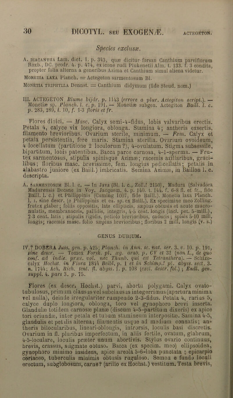 Species exclusx. A. diacantiia Lam. dict. 1. p. 343, quae dicitur forsan Canthium parviflorum Roxb., DG. prodr. 4. p. 474, ex icone rudi Plukenetii Alm. t. 133. f. 3 condita, propter folia alterna a generibus Azima et Canthium simul aliena videtur. Monetia laxa Planch. =r Actegeton sarmentosum Bl. Monetia triphvlla Dennst. = Canthium didymum (fide Steud. nom.) III. ACTEGETON Blume bijdr. p. 1143 (errore a plur. Actegiton script.). — Monetiae sp. Blandi. I. c.p. 191.— Monetiae subgen. Actegiton Baiil. I. c. p. 283, 289, i. 10, f. 1-3 floris et fr. Flores dioici. — Masc. Calyx semi-4-fidus, lobis valvaribus erectis. Petala 4, calyce vix longiora, oblonga. Stamina 4; antheris exsertis, filamento brevioribus. Ovarium sterile, minimum. — Feni. Calyx et petala persistentia, fere maris. Stamina sterilia. Ovarium ovoideum, 4 locellatum (partitione 2 loculorum?), 4-ovulatum. Stigma subsessile, bipartitum, lobis patentibus. Bacca parce carnosa, 4-1-sperma. — Fru- tex sarmentosus, stipulis spinisque Azimae; racemis axillaribus, graci- libus; floribus masc. brevissime, fem. longius pedicellatis; petalis in alabastro juniore (ex Baiil.) imbricatis. Semina Azimae, in Baillon 1. c. descripta. A. sarmentosum Bl. 1, c. — In Java (Bl. 1. c,, Zol!.! 2150), Madura (Salvadora. Madurensis Decsne in Voy. Jacquem. 4. p. 140. t. 144. f. 6-8 fl. et fr., fide Baiil. 1. c.) et Philippinis (Cuming 1007, fide Baiil.). Monetia laxa Planch. 1. sine descr. (e Philippinis et ea. sp. ex Baiil.). Ex specimine meo Zolling. frutex glaber; foliis oppositis, late ellipticis, saepius obtusis et acute mucro- nulatis, membranaceis, pallidis, integris, 4-5 ceat. longis (incl. pet. 5-mill.), 2-3 cent. latis ; stipulis rigidis, petiolo brevioribus, caducis; spinis 5-10 mill, longis; racemis masc. folio saepius brevioribus; floribus 2 mill. longis (v. s.) GENUS DUBIUM. IV.? DOBERA Juss. gen. p. 425; Planch. in Ann. sc. nat. ser. 3. v. 10. p. 191, sine descr. — Tomex Forsit, pl. xg. arab. p. CV et 32 [non L., de quo cmf. ad indic, prxs. vol. nec Thunb. qui est Tetrantliera). — Schizo- calyx Hochst. in Flora 1844 Beibl.p. 1 et in SchimpA pl. abyss. sect. 3. n. 1744; Ach. Rich. tent. fl. abyss. 1. p. 108 [exci, descr. fol.) ; Endl. gen. suppi. 4. pars 3. p. 75. Flores (ex descr. Hochst.) parvi, abortu polygami. Calyx ovato- tubulosus, primum clausus vel subclausus integerrimus (apertura minima vel nulla), deinde irregulariter rumpendo 2-3-fidus. Petala 4, rarius 5, calyce duplo longiora, oblonga, toro vel gynophoro brevi inserta. Glandulas totidem carnosas planae (discum 4-5-partitum dixeris) ex apice tori oriundae, inter petala et tubum stamineum interpositae. Samma4-5, glandulis et petilis alterna; filamentis usque ad medium connatis; an- theris bilocularibus, lineari-oblougis, introrsis, loculis basi discretis. Ovarium in fl. pluribus imperfectum, in aliis fertile, ovatum, glabrum, 4-5-loculare, loculis praeter unum abortivis. Stylus ovario continuus, brevis, crassus, sdgmate obtuso. Bacca (ex specim. meo) ellipsoidea, gynophoro minimo insidens, apice areola 5-6-loba punctata ; epicarpio coriaceo, tuberculis minimis obtusis ruguloso. Semea e fundo loculi erectum, subglobosum, carne? (arillo ex Hochst.) vestitum. Testa brevis,