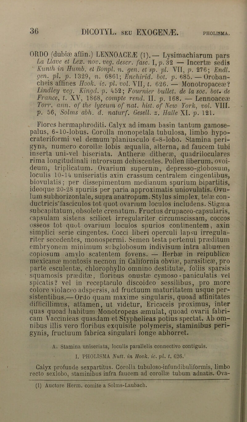 PHOLISMA. ORDO (dubiae affin.) LENNOACEAS (1).— Lysimachiarum pars ia Llave et Lex. nov. veg. clescr. fasc. I,p.32 — Incertae sedis Kunth in Humb. et Donpl. n. gen. et sp. pl. VH, p. 276; Endl. gea., pl. p. 1329, n. 6861; Enchirid. bot. p. 685. — Oroban- cheis affines Hook. ic. pl. vol. VII, t. 626. — Monotropaceae? Lindley veg. Kingd. p. 452; Fournier bullet, de la soc. bou de France, t. XV, 1868, compte rend. II. p. 168. — Lennoaceae Torr. ann. of the lyceum of nat. hist. of New York, vol. VIII. p. 56, Solms abh. d. naturf. Gesell. z. Iialle XI. p. 121. Flores hermaphroditi. Calyx adimam basin tantum gamose- palus, 6-10-lobus. Corolla monopetala tubulosa, limbo hypo- crateriformi vel demum'planiusculo 6-8-lobo. Stamina peri- gyna, numero corollae lobis aequalia, alterna, ad faucem tubi inserta uni-vel biseriata. Antherae dithecae, quadriloculares rima longitudinali introrsum dehiscentes. Pollen liberum, ovoi- deum, triplicatum. Ovarium superum, depresso-globosum, loculis 10-14 uniseriatis axin crassum centralem cingentibus, biovulatis; per dissepimentum medianum spurium bipartitis, ideoque 20-28 spuriis per paria approximatis uniovulatis. Ovu- lumsubhorizontale, supra anatropum. Stylus simplex, telae con- ductricis'fasciculos tot quot ovarium loculos includens. Stigma subcapitatum, obsolete crenatum. Fructus drupaceo-capsularis, capsulam sistens scilicet irregulariter circumscissam, coccos osseos tot quut ovarium loculos spurios continentem, axin simplici serie cingentes. Cocci liberi operculi lapsu irregula- riter secedentes, monospermi. Semen testa pertenui praeditum embryonem minimum subglobosum indivisum intra albumen copiosum amylo scatentem fovens. — Herbae in reipublicee mexicanae montosis necnon in California obvias, parasiticae, pro parte esculentae, chlorophyllo omnino destitutae, foliis sparsis squamosis prasditae, floribus onustae cymoso-paniculatis vel spicatis? vel in receptaculo discoideo sessilibus, pro more colore violaceo adspersis, ad fructuum maturitatem usque per- sistentibus.— Ordo quam maxime singularis, quoad affinitates difficillimus, attamen, ut videtur, Ericaceis proximus, inter quas quoad habitum Monotropeas aemulat, quoad ovarii fabri- cam Vaccinieas quasdam et Styphelieas potius spectat. Ab om- nibus illis vero floribus exquisite polymeris, staminibus peri- gynis, fructuum fabrica singulari longe abhorret. A. Stamina uniseriata, loculis parallelis connectivo contiguis. I. PHOLISMA Nutt. in Hook. ic. pl. t. 626.1 Calyx profunde sexpartitus. Corolla tubuloso-infundibuliformis, limbo recto sexlobo, staminibus infra faucem ad corollae tubum adnatis. Ova- (1) Auctore Herm. comite a Solms-Laubach.