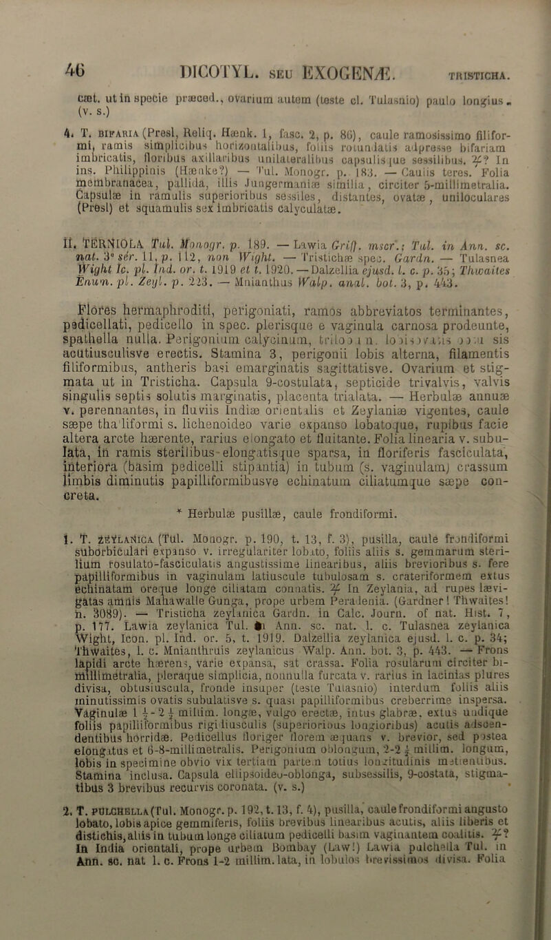 ^ DICO IV L. seu EXOGEN/E. tristicha. Cffit. ut in Bpocie preeced., ovarium autem (toste cl. Tulasaio) paulo longius, (v. s.) 4. T. bifaria (Presl, Reliq. Hrnnk. 1, fasc. 2, p. 86), caule ramosissimo filifor- mi, ramis simplicibus horizontalibus, foliis rotundatis adpresse bifariam imbricatis, floribus axillaribus unilateralibus capsulis [ue sessilibus. 2£? In ins. Philippicis (Hsenlce?) — Tui. Monogr. p. 183. — Cauiis teres.'Folia membranacea, pallida, illis Jungermanlae similia, circiter 5-millimetralia. Capsulae in ramulis superioribus sessiles, distantes, ovatae, uniloculares (PrOsl) et squamulis sex imbricatis calyculatae. ii. TERNIOLA Tui. Monogr. p. i89. —Lawia Grif}. mscr'.; Tui. in Ann. sc. nat. 3° ser. 11, p. lt2, non 1 Vight. — Tristichae spec. Gardn. — Tulasnea Wight Ic. pl. tnd. or. t. 1919 et t. 1920. — Dalzellia ejusd. I. c. p. 35; Thwaites Enu<n. pl. Zegl. p. 223. — Mniantlius Walp. anal. bol. 3, p. 443. Flores hermaphroditi, perigoniati, ramos abbreviatos terminantes, pedicellati, pedicello in spec. plerisque e vaginula carnosa prodeunte, spathella nulla. Perigonium calycinum, trilooa n. lobis)v itis jr.u sis acutiusculisve erectis. Stamina 3, perigonii lobis alterna, filamentis filiformibus, antheris basi emarginatis sagittatisve. Ovarium et stig- mata ut in Tristicha. Capsula 9-costulata, septicide trivalvis, valvis singulis septis solutis marginatis, placenta trialata. —• Herbulae annuae v. perennantes, in fluviis Indiae orientalis et Zeylaniae vigentes, caule saepe tha liformi s. lichenoideo varie expanso lobatoque, rupibus facie altera arcte haerente, rarius elongato et fluitante. Folia linearia v. subu- Iata, in ramis sterilibus • elongatisque sparsa, in floriferis fasciculata, interiora (basim pedicelli stipantia) in tubum (s. vaginulam) crassum iimbis diminutis papilliformibusve echinatum ciliatumque saepe con- creta. * Herbulae pusillae, caule frondiformi. 1. T. WYLAthCA (Tui. Monogr. p. 190, t. 13, f. 3), pusilla, caule frondiformi sUborbiculari expanso v. irregulariter lobnto, foliis aliis s. gemmarum steri- lium rosulato-fasciculatis angustissime linearibus, aliis brevioribus s. fere papilliformibus in vaginulam iatiuscule tubulosam s. crateriformem extus echinatam oreque longe ciliatam connatis. 22 in Zeylania, ad rupes laevi- gatas amnis Mahawalle Gunga, prope urbem Peradenia. (Gardner! Thwaites! ii. 3089). — Tristicha zeylanica Gardn. in Cale. Journ. of nat. Hist. T, p. 177. Lawia zeylanica Tui. fti Ann. sc. nat. 1. c. Tulasnea zeylanica Wight, Icon. pl. Ind. or. 5, t. 1919. Dalzellia zeylanica ejusd. 1. c. p. 34; Thwaites, 1. c. Mnianlhruis zeylanicus Walp. Ann. bot. 3, p. 443. — Frons lapidi arcte haerent, varie expansa, sat crassa. Folia rotularum circiter bi- niflllmetralia, pleraque simplicia, nonnulla furcata v. rarius in lacinias plures divisa, obtusiuscula, fronde insuper (teste Tulasaio) interdum foliis aliis minutissimis ovatis subulatisve s. quasi papilliformibus creberrime inspersa. Vaginulae 1 2--2q mihim. longae, vulgo erectae, intus glabrae, extus undique foliis papilliformibus rigi liusculis (superiorious longioribus) acutis adsoen- dentibas horridae. Pedicellus floriger florem aequans v. brevior, sed postea elongitus et 6-8-millimetralis. Perigonium oblongum, 2-2 % mitlim. longum, lobis in specimine obvio vix tertiam partem totius longitudinis metienlibus. Stamina inclusa. Capsula ellipsoideu-oblonga, subsessilis, 9-costata, stigma- tibus 3 brevibus recurvis coronata, (v. s.) 2. T. pulchella (Tui. Monogr. p. 192,1.13, f. 4), pusilla, caule frondiformi angusto lobalo, lobis apice gemmiferis, foliis brevibus linearibus acutis, aliis liberis et distichis,aliis in tubum longe ciliatum pedicelli basim vaginantem coalitis. 22? In India orientali, prope urbem Bornbay (Law!) Lawia pulchella Tui. in