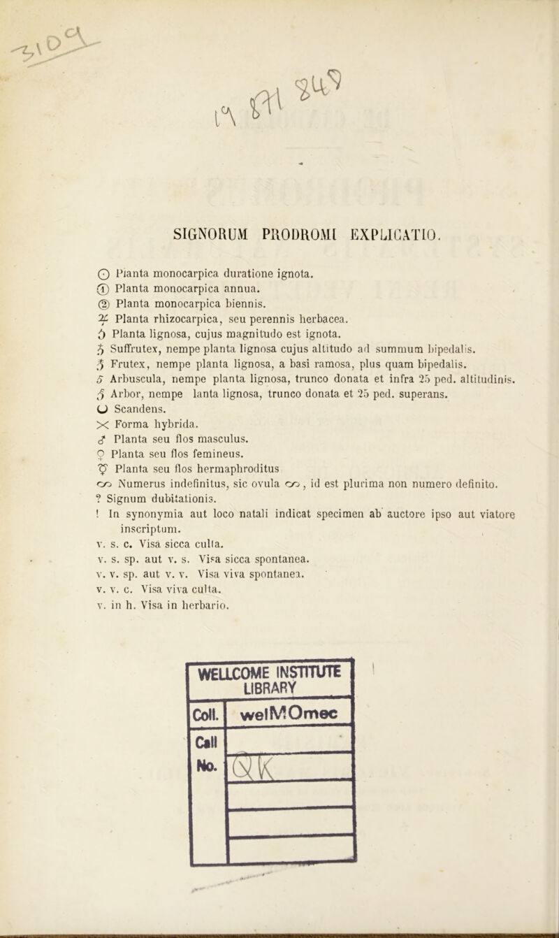 SIGNORUM PRODROMI EXPLICATIO. O Planta monocarpica duratione ignota. (T) Planta monocarpica annua. © Planta monocarpica biennis. Planta rhizocarpica, seu perennis herbacea. t4) Planta lignosa, cujus magnitudo est ignota. $ Suflrutex, nempe planta lignosa cujus altitudo ad summum bipedalis. 5 Frutex, nempe planta lignosa, a basi ramosa, plus quam bipedalis. 5 Arbuscula, nempe planta lignosa, trunco donata et infra 25 ped. altitudinis. 5 Arbor, nempe lanta lignosa, trunco donata et 25 ped. superans. (J Scandens. X Forma hybrida, c? Planta seu flos masculus. 9 Planta seu flos femineus. '9' Planta seu flos hermaphroditus eo Numerus indefinitus, sic ovula co, id est plurima non numero definito. ? Signum dubitationis. ! In synonymia aut loco natali indicat specimen ab auctore ipso aut viatore inscriptum. v. s. c. Visa sicca culta, v. s. sp. aut v. s. Visa sicca spontanea, v. v. sp. aut v. v. Visa viva spontanea, v. v. c. Visa viva culta, v. in h. Visa in herbario. WELLCOME INSTITUTE LIBRARY Coli. welMOmec Call No. • &IK