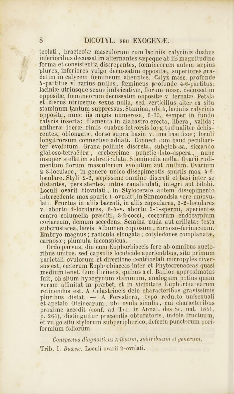 teolati, bracteolae masculorum cum laciniis calycinis duabus inferioribus decussatim alternantes saepeque ab iis magnitudine forma et consistentia discrepantes, foemineorum autem saepius plures, inferiores vulgo decussatim oppositae, superiores gra- datim in calycem fcemineum abeuntes. Calyx masc. profunde 4-partitus v. rarius nullus, foemineus profunde 4-6-partitus; laciniae utriusque sexus imbricativae, florum masc. decussatim oppositae, foemineorum decussatim oppositae v. ternatae. Petala et discus utriusque sexus nulla, sed verticillus alter ex situ staminum tantum suppressus. Stamina, ubi 4, laciniis calycinis opposita, nunc iis magis numerosa, 6-30, semper in fundo calycis inserta; filamenta in alabastro erecta, libera, valida; antherae liberae, rimis duabus introrsis longitudinaliter dehis- centes, oblongatae, dorso supra basin v. ima basi fixae; loculi longitrorsum connectivo adnati. Connectivum haud peculiari- ter evolutum. Grana pollinis discreta, subglobosa, siccando globoso-tetraedra , creberrime puncticnhto-aspera, nunc insuper stellatim subreticulata. Staminodia nulla. Ovarii rudi- mentum florum masculorum evolutum aut nullum. Ovarium 2-3-loculare, in genere unico dissepimentis spuriis mox 4-6- loculare. Styli 2-3, saepissime omnino discreti et basi inter se distantes, persistentes, intus canaliculati, integri aut bilobi. Loculi ovarii biovulati, in Stylocerate autem dissepimento intercedente mox spurie l-ovulati,in Simmondsia vere uniovu- lati. Fructus in aliis baccati, in aliis capsulares, 3-2-loculares v. abortu 1-loculares, 6-4-v. abortu 5-1-spermi, aperientes centro columella praediti, 3-2-cocci, coccorum endocarpium coriaceum, demum secedens. Semina nuda aut arillata; testa subcrustacea, laevis. Albumen copiosum, carnoso-farinaceum. Embryo magnus; radicula elongata; cotyledones complanatae, carnosae; plumula inconspicua. Ordo parvus, diu cum Euphorbiaceis fere ab omnibus aucto- ribus unitus, sed capsulis loculicide aperientibus, situ primum parietali ovulorum et directione centripetali micropyles diver- sus est, caeterum Euphorbiaceas inter et Phytocrenaceas quasi medium tenet. Cum Ilicineis, quibus aci. Baillon approximatus fuit, ob situm hypogynum staminum, analogiam potius quam veram affinitat m praebet, et in vicinitate Euphorbia'earum retinendus est. A Gelastrineis dein characteribus gravissimis pluribus distat. — A Forestiera, typo reducto unisexuali et apetalo Oleinearum, ubi ovula similia, cui characteribus proxime accedit (conf. ad Tui. in Annal. des Se. nat. 1851. p. 2§4), distinguitur praesentia obt.uratoris, indole fructuum, et vulgo silu stylorum subperipherico, defectu punctorum pori- formium foliorum. Conspectus diagnosticus tribuum, sub tribuum et generum. Trib. I. Buxese. Loculi ovarii 2-ovulati.