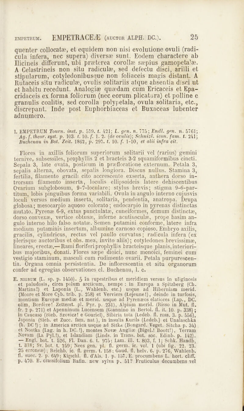 quenter collocatae, et equidem non nisi evolutione ovuli (radi- cula infera, nec supera) diversae sunt. Eodem charactere ab Ilicineis differunt, ubi praeterea corollae saepius gamopetalae. A Celastrineis non situ radiculae, sed defectu disci, arilli et stipularum, cotyledonibusque non foliaceis magis distant. A Rutaceis situ radiculae, ovulis solitariis atque absentia disci ut et habitu recedunt. Analogiae quaedam cum Ericaceis et Epa- cridaceis ex forma foliorum (nec eorum plicatura) et polline e granulis coalitis, sed corolla polypetala, ovula solitaria, etc., discrepant. Inde post Euphorbiaceas et Buxaceas lubenter ad numero. I. EMPETRUM Tourn. inst. p. 579. t. 421; L. gen. n. 775; Endl. gm. n. 5761; Ag. f. theor. sijst. p. 103. 0 10. g 1. 2. [de ovulis); Schnizl. icon. fam. t. 241; Buchenau in Bot. Zeit. 1862, p. 297. t. 10. f. 1-10, et alii infra cit. Flores in axillis foliorum superiorum solitarii vel (rarius) gemini ternive, subsessiles, prophyllis 2 et bracteis 3-2 squamiformibus cincti. Sepala 3, late ovata, posticum in praefloratione externum. Petala 3, sepalis alterna, obovata, sepalis longiora. Discus nullus. Stamina 3, fertilia, filamento gracili cito accrescente exserta, anthera dorso in- trorsum filamento inserta, loculis ellipsoideis latere dehiscentibus Ovarium subglobosum, 9-7-loculare; stylus brevis; stigma 9-6-par- titum, lobis pinguibus forma variabili. Ovula in angulo interno cujusvis loculi versus medium inserta, solitaria, pendentia, anatropa. Drupa globosa; mesocarpio aquoso colorato; endocarpio in pyrenas distinctas mutato. Pyrenae 6-9, extus punctulatae, cuneiformes, demum distinctae, dorso convexae, vertice obtusae, inferne acutinsculae, prope basim an- gulo interno liilo falso notatae. Semen putamini conforme, latere infra medium putaminis insertum, albumine carnoso copioso. Embryo axilis, gracilis, cylindricus, rectus vel paullo curvatus; radicula infera (ex plerisque auctoribus et obs. mea, invito aliis); cotyledones brevissimae, lineares, erectae.— Rami floriferi prophyllis bracteisque planis, interiori- bus majoribus, donati. Flores saepe dioici, nunc monoici, feminei cum vestigio staminum, masculi cum rudimento ovarii. Petala purpurescen- tia. Organa omnia persistentia. De inflorescentia et situ organorum confer ad egregias observationes cl. Buchenau, 1. c. E. nigrum (L. sp. p. 1450). 5 in vupestrihus et meridiem versus in uliginosis et paludosis, circa polum arcticum, nempe : in Europa a Spitzberg (Ch. Martins!) et Laponia (L., Wahlenb. etc.) usque ad Hiberniam merid. (Moore et More Cyb. trib. p. 258) et Verviers (Lejeune!), deinde in turfosis, montium Europae mediae et merid. usque ad Pyrenaeos elatiores (Lap., DC. olim, Bordere! Zetterst. pl. Pyr. p. 231), Alpium merid. (Risso in Mut. fl. fr. 2 p. 271) et Apenninum Lucensem (Giannino in Bertol. fl. it. 10- p. 338); in Caucaso (Rieb. Szovicz! e Gouriel), Sibina tota (Ledeb. fl. ross. 3. p. 556), Japonia (Sieb. et Zucc. fam. nat ), in insulis Kurils (Ledeb.) et Unalascbka (h, DC !); in America arctica usque ad Sitka (Bongard. Veget. Sitcha p. 34) et Nootka (Lag. in h. DC.!), montes Novae Angliae (Bigel.! Boottl), Terram Novam (La Pyl.!), et Islandiam (Linds. in Trans, bot. soc. Edinb. p. 142). — Engl. bot. t. 526, Fl. Dan. 6. t. 975; Lam. ill. t. 803, f. 1; Schk. Handb, t. 318; Sv. bot. t. 259; Nees gen. pl. fl. germ. ic. vol. 1 (ubi fig. 22. 23. 25 erroneae); Reichb. ic. fl. germ. t. 158; Gaud. fl. helv. 6. p. 276, Wahlenb. fl. suec. 2. p. 649; Kirschl. fl. d’Als. 1. p. 157. E. procumbens L. hort. cliff. p. 470. E. crassifolium Rafin. new sylva p. 51? Fruticulus decumbens vel