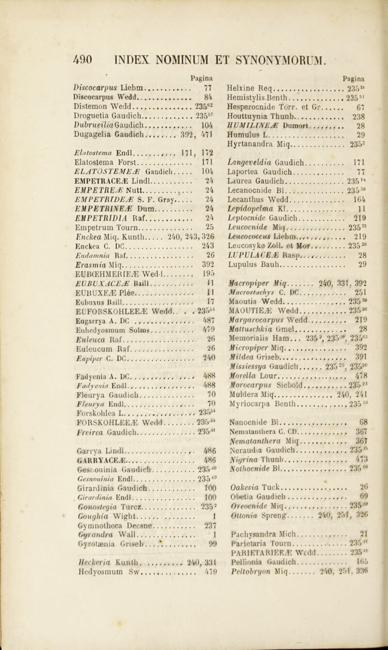 Pagina Discocarpus Liebm 77 Discocarpus Wedd 84 Distemon Wedd 23562 Droguetia Gaudich 23537 Dubrueilia Gaudich 104 Dugagelia Gaudich 392, 471 Eldtostema Endl 171, 172 Elatostema Forst 171 ELATOSTEMEAE Gaudich 104 EMPETRACEiE Lindi 24 E)IPETREAE Nutt 24 EMPETRIDEAE S. F. Gray..... 24 EMPETRINEjE Dum 24 EMPETRID1A Raf 24 Empetrum Tourn 25 Enckea Miq. Kuritli 240, 243,326 Enckea C. DC 243 Endomnia Raf 26 Erasmia Miq 392 EUBCEHMERIEiE Wedd 195 EUBUXACEjE Baill II EUBUXEiE Plee 11 Eubuxus Baill 17 EIJFOBSKOHLEE^E Wedd.. . . 2356* Eugarrya A. DC 487 Euhedyosmum Solms 479 Euleuca Raf 26 Euleucum Raf 26 E ii piper C. DC 240 Fadyenia A. DC .... 488 Fadyenia End 1 488 Fleurya Gaudich 70 Fleurya Endl 70 Forskohlea L 23554 FORSKOHLEE/E Wedd 23534 Freirea Gaudich 23541 Garrya Lindi 486 GARRYACE/E 486 Gesnouinia Gaudich 23549 Gesnouinia Endl 23549 Girard-inia Gaudich 100 Girardinia Endl 100 Gonostegia Turcz 2352 Goughia Wight I Gymnotheca Decsne 237 Gyrandra Wall 1 Gyrotaenia Griseb ....*. 99 Heckeria Kuntli 240, 331 Hedyosmum Sw 479 Pagina Helxine Req 23551 Hemistylis Benth 23551 Hesperocnide Torr. et Gr 67 Houttuynia Thunb.. 238 HUMILINEjE Dumort 28 Humulus L 29 Hyrtanandra Miq 2352 Langeveldia Gaudich 171 Laportea Gaudich 77 Laurea Gaudich 23514 Lecanocnide B1 23530 Lecanthus Wedd 164 Lepidopelma K1 11 Leplocnide Gaudich 219 Leucocnide Miq 23523 Leucocoecus Liebm.., < 219 Leucosyke Zoll. et M-or. 23526 LU PELAGE /E Rasp..., 28 Lupulus Bauh 29 Macropiper Miq 240, 331, 392 Macrostachys C. DC 251 Maoutia Wedd 23530 MAOUTIEyE Wedd 23526 Margarocarpns Wedd 219 Mattuschkia Gmel 28 Memorialis Ham... 2352, 2353*, 235,;J Micropiper Miq 392 Mildea Griseb 391 Missiessya Gaudich 2352n, 235^ Morella Lour 478 Morocarpus Siebold. 23523 Muldera Miq 240, 241 Myriocarpa Benth 23533 Nanocnide Bl 68 Nematanlhera C. CD 367 Nematanthera Miq 367 Neraudia Gaudich 23513 Nigrina Thunb 473 Nothocnide Bl 23516 Oakesia Tuck 26 O beti a Gaudich 69 Oreocnide Miq 23520 Otlonia Spreng 240, 251, 326 Pachysandra Mich 21 Parietaria Tourn 235 PARIET A R1 ERiE Wedd 23541 Pelfionia Gaudich 165 Peltobryon Miq 240. 251. 336