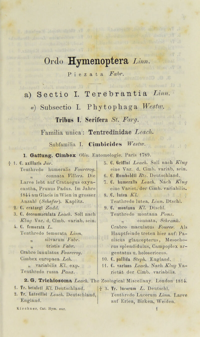 Olclo Hymenoptera Linn. P i e z a t a Fahr. a) Sectio I. Terebrantia Lmn. «) Subsectio I. Phytophaga Westiv. Tribus I. Serifera St. Farg. Familia unica; Tentredinidae Leach. Subfamilia I. Ciinbicides Westw. 1. Gattung:. Cimbex Oliv. Entomologie. Paris 1789. 1. C. axillaris Jur. Teiithredo humeralis Fourcroy. „ connata Villers. Die Larve lebt auf Crataegus oxya- cantha, Prunus Padus. Im Jahre 1844 am Glacis in Wien in grosser Anzahl (Scheffer'). Kaplitz. 2. C. crataegi Zadd. 3. C. deceiiiinaculata Leach. Soll nach Klug Var. d. Cimb. variab. sein. 4. C. feiiiurata L. Teuthredo lemorata Linn. „ silvarum Fahr. „ tristis Fahr. Crabro lunulatus Fourcroy. Cimbex europaea Lch. y, variabilis Kl. exp. Teuthredo russa Panz. 2. G. Trlchiosoma Leach. Th 1. Tr. betiileti Kl. Deutschland. 2. Tr. Latreillei Leach. Deutschland, England. 5. C. Grlflhii Leach. Soll nach Klug eine Var. d. Cimb. variab. sein. 6. C. Hiiinbohltl Rtz. Deutschland. 7. C. humeralis Leach. Nach Klug eine Variet. der Cimb. variabilis. 8. C. lutea Kl. ; Teuthredo lutea. Linn. Dtschl. 9. C. inontaiia Kl. Dtschl. Teuthredo montana Panz. „ connata, Schrank. Crabro maculatus Fourcr. Als Hauptfeinde treten hier auf; Pa- niscus glaucopterus, Mesocho- rus splendidulus, Campoplex ar- gentatus u. holosericeus. 10. C. pallida Steph. England. 11. C. varians Leach. Nach Klug Vii'- rietät der Cimb. variabilis. ; Zoological Miscellany. London 1814. f 3. Tr. luforum L. Deutschi. Tenthredo Lucorum Linn. Larve auf Erlen, Birken, Weiden.