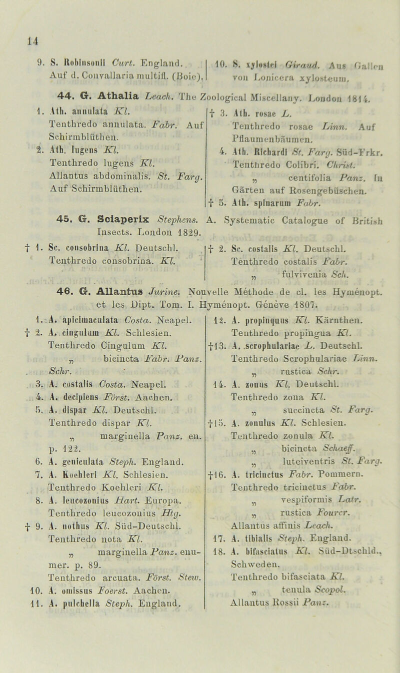 9. S. Iloliliisunii Curt. England. 10. S. x^luslel Giraud. Aus Gallon Auf d. CoiivalJafianiultill. (Boie). von J.onicera xylohteuin, 44. G. Athalia Leach, The Zoological Miscellany. J.ondon 181 i. 1. Alli. aiiiiiilala Kl. Tenthredo anuulata. Fahr. Auf Sehiriiiblüthen. 2. Alh. Ingens Kl. Tenthredo lugens Kl. Allantus abdominalis. St. Farg. Auf Schinnblüthen. f .3. .Alh. rosae L. Tenthredo rosae TAnn. Auf Pllaumcnbfiuincn. 4. .Alh. UlchardI 8t. Farg. Süd-Frkr. Tentliredo Colibri. Chrüt. „ centifolia Fanz. fn Gärten auf Rosengebüschen, f 5. .Alh. spinarnra Fahr. 45. G. Sciaperix Stephens. A. Systematic Catalogue of British Insects. London 1829. t 1. Sc. consobrlna Kl. Deutschi. ■}• 2. Sc. costalls Kl. Deutschi. Tenthredo consobrina. Kl. ' Tenthredo costalis Fahr. „ fulvivenia Sch. 46. G. Allantus Jurine, Nouvelle Methode de cl. les Hymenopt. et les Dipt. Tom. I. Hymenopt. Geneve 1807. 1. Ä. apidinaculata Costa. Neapel, f 2. .A, dngnluin Kl. Schlesien. Tenthredo Cingulum Kl. „ bicincta Fahr. Fanz. Sehr. 3. A. custalis Costa. Neapel. 4. A. (lecipiens Forst. Aachen, f). A. (lispar Kl. Deutschi. Tenthredo dispar KL „ marginella Fanz. en. p. 122. 6. A. geniculala Steph. England. 7. A. Rudilerl Kl. Schlesien. Tenthredo Koehleri Kl. 8. A. leucüzoiilus Mart. Europa. Tenthredo leucozonius Htg. 9. A. iiülhns Kl. Süd-Deutschl. Tenthredo nota Kl. „ marginella Fanz. enu- mer. p. 89. Tenthredo arcuata. Först. Steiu. 10. A. oinlssus Foerst. Aachen. 11. A. pnichella Steph. England. 12. A. prophiquus Kl. Kärnthen. Tenthredo propingua Kl. fl3. A. .scrophularlae L. Deutschi. Tenthredo Scrophulariae Linn. „ rustica Sehr. 14. A. zoiius Kl. Deutschi. Tenthredo zona Kl. „ succiucta St. Farg. flö. A. zonulus Kl. Schlesien. Tenthredo zonula Kl. „ bicincta Schaeff. „ luteiventris St. Farg. fl6. A. Irlclndus Fahr. Pommern. Tenthredo tricinctus Fahr. ,, vespiformis Lair. „ rustica Fotircr. Allantus aft’inis Leach. 17. A. llblalls Steph. England. 18. A. blfascialus Kl. Süd-Dtschld., Schweden. Tenthredo bifasciata Kl. „ tenula Scopol. Allantus Kossii Fant.