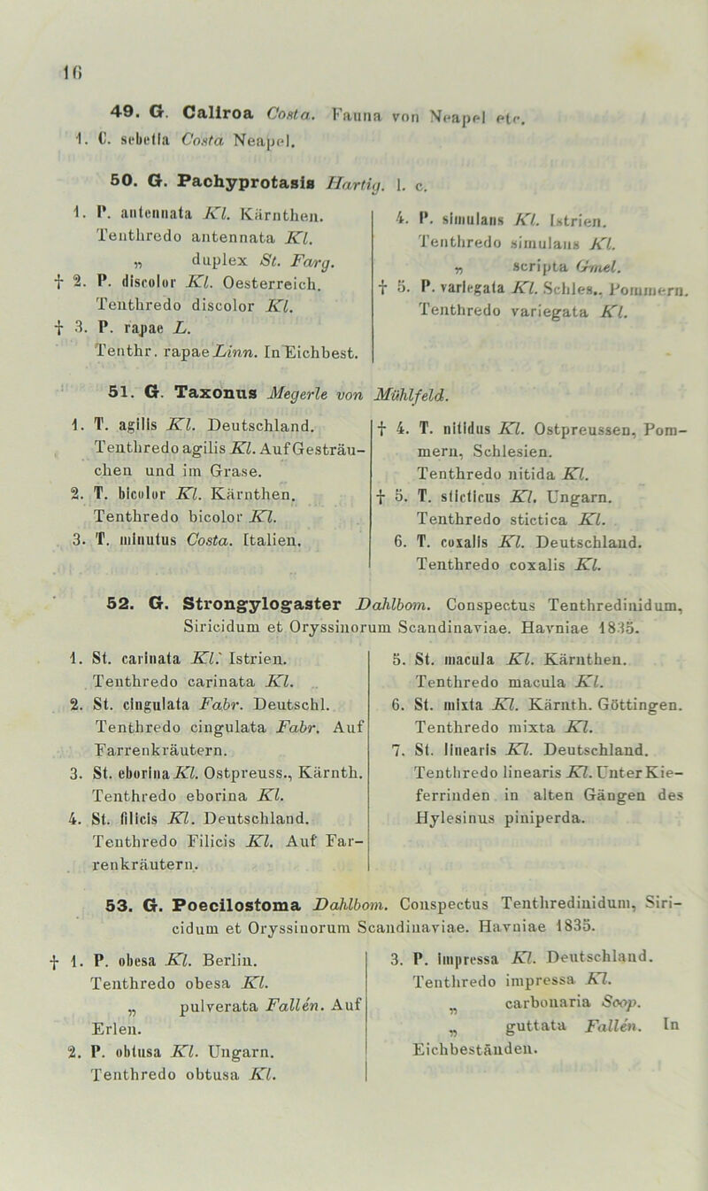 ir. 49. O. Callroa Conta. Fauna von N<*app| oir, •1. 0. S(‘betla Costa Neapel, 50. G. PaohyprotasiB Hartig. 1. c. i. P. aiilemiata KL Ivärnfcheu. Tenthredo antennata Kl. „ duplex St. Farg. f 2. P. disfolor Kl. Oesterreich. Tenthredo discolor Kl. ■}• 3. P. rapae L. Tenthr. rapaeimn. In Eichbest. 4. P. siinulatis Kl. Istrien. Tenthredo simulaus Kl. n scripta (rniel. f 5. P. varlcgala Kl. .SchJes,, J-’omniern, Tenthredo variegata Kl. 51. G. Taxonus Megerle von \. T. agills Kl. Deutschland. Tenthredo agilis Kl. Auf Gesträu- chen und iin Grase. 2. T. biculur Kl. Kärnthen. Tenthredo bicolor Kl. 3. T. iiiiiiulus Costa. Italien. Mühlfeld. f 4. T. nitidus Kl. Ostpreussen, Pom- mern, Schlesien. Tenthredo nitida Kl. t 5. T. sliclicus Kl. Ungarn. Tenthredo stictica Kl. 6. T. cüxalls Kl. Deutschland. Tenthredo coxalis Kl. 52. G. Strongylogaster Dahlbom. Conspectus Tenthredinidum, Siricidum et Oryssinorum Scandinaviae. Havniae 1833. 1. St. cai'iiiata Kl.' Istrien. Tenthredo carinata Kl. 2. St. clngulata Fahr. Deutschi. Tenthredo cingulata Fahr. Auf Earrenkräutern. 3. St. eborinaisT?. Ostpreuss., Kärnth. Tenthredo eborina Kl. 4. St. filicls Kl. Deutschland. Tenthredo Eilicis Kl. Auf Far- renkräutern. 5. St. iiiacula Kl. Kärnthen. Tenthredo macula Kl. 6. St. inixta Kl. Kärnth. Göttingen. Tenthredo raixta Kl. 7. St. linearis Kl. Deutschland. Tenthredo linearis Kl. Unter Kie- ferrinden in alten Gängen des Hylesinus piniperda. Tentlirediniduni, Siri- 1833. 3. P. iinpressa Kl. Deutschland. Tenthredo impressa Kl. ^ carbonaria Soop. ^ guttata Fallen. In Eichbestäudeu. 53. G. Poecilostoma Dahlbom. Conspectus cidum et Oryssinorum Scandinaviae. Havniae -}• 1. P. obesa Kl. Berlin. Tenthredo obesa Kl. „ pulverata Fallen. Auf Erlen. 2. P. obtusa Kl. Ungarn. Tenthredo obtusa Kl.