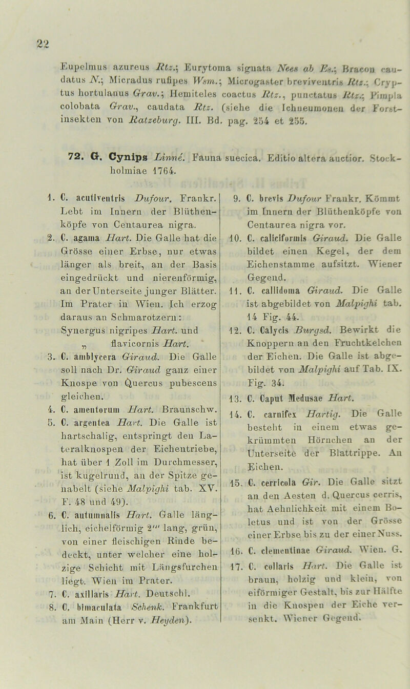 Eupclmus azureiis litz.\ Kiirytoina hij^iiata Neen ah En.\ Hracou cau- datus N.\ Micradus rufipes Wnin.'^ Microgaster hreviveutri« Jitz.-. Cryp- tus hortulanus Grav.\ Heuiiteles coactus Jitz., punetatuB Jitz.: Eimpla colobata Grav.^ caudata Rtz, (sielie die IchiieutuoMeu der Foffct- iiisekteu von liatzeburg. III. Bd. pag. 2ö4 et 235. 72. G. Cynips Iiinne. Fauna suecica. Editio altera auctior. .Stock- holmiae '1764. 1. C. aculiventris Dufour. Frankr. Lebt ini Innern der Blütheu- köpfe von Ceutaurea nigra. 2. C. againa Hart. Die Galle hat die Grösse einer Erbse, nur etwas länger als breit, an der Basis eingedrückt und nierenförmig, an der Unterseite junger Blätter. Im Prater in Wien. Ich erzog daraus an Schmarotzern: Synergus nigripes Hart, und „ flavicornis Hart. 3. C. ainblycera Giraud. Die Galle soll nach Dr. Giraud ganz einer Knospe von ^uercus pubescens gleichen. 4. C. anieiitoruin Hart. Braunschw. 5. C. argentea Hart. Die Galle ist hartschalig, entspringt den La- teralknospen der Eichentriebe, hat über 1 Zoll im Durchmesser, ist kugelrund, an der Spitze ge- nabelt (siehe Malpighi tab. XV. F. 48 und 49). 6. C. autuiiiiialls Hart. Galle läng- lich, eichelförmig 2' lang, grün, von einer fleischigen Rinde be- deckt, unter welcher eine hol- zige Schicht mit Längsfurchen liegt. Wien ira Prater. 7. C. axillaris Hart. Deutsclil. 8. C. bimarulata Schenk. Frankfurt am Main (Herr v. Heyden). 9. C. brevis Dufour Frankr. Kömmt im Innern der Blüthenköpfe von Centaurea nigra vor. 10. C. caliclforiiiis Giraud. Die Galle bildet einen Kegel, der dem Eichenstamme aufsitzt. Wiener Gegend. 11. C. callidoma Giraud. Die Galle ist abgebildet von Malpighi tab. 14 Fig. 44. 12. C. Caljcis Burgsd. Bewirkt die Knoppern au den Fruchtkelchen der Eichen. Die Galle ist abge- bildet von Malpighi auf Tab. IX. Fig. 34. 13. C. Caput Medusae Hart. 14. C. carnifex Hartig. Die Galle besteht in einem etwas ge- krümmten Hörnchen an der Unterseite der Blattrippe. An Eichen. 15. C. cerricola Gir. Die Galle sitzt an den Äesten d. Quercus cerris, hat Äehnlichkeit mit einem Bo- letus und ist von der Grösse einer Erbse bis zu der einer Nuss. 16. C. clemcnliiiac Giraud. Wien. G. 17. C. Cüllaris Hart. Die Galle ist braun, holzig und klein, von eiförmiger Gestalt, bis zur Hälfte in die Knospen der Eiche ver- senkt. Wiener Gegend.