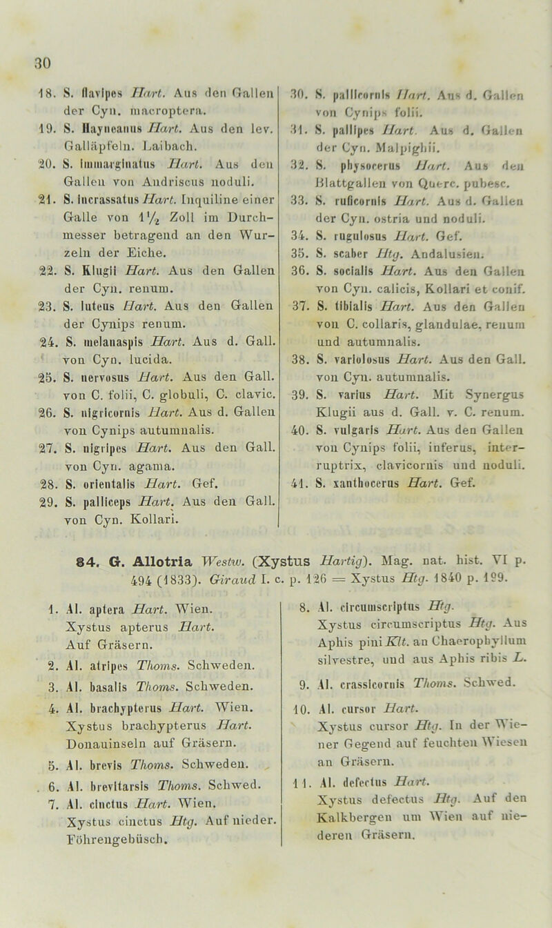 18. S. Ilavlpcs Hart. Aus tlen Gallen der Cyn. luaeroptera. 19. S. Hayiicaiius Hart. Aus den lev. Galläpfeln. Laibach. 20. S. iiniiiiugiiiatus Hart. Aus den Gallen von Andriscus noduli. 21. S. incrassaliis Hart. Inquiline einer Galle von 1'/^ Zoll im Durch- messer betragend an den Wur- zeln der Eiche, 22. S. Rlugii Hart. Aus den Gallen der Cyii. renum. 23. S. luteus Hart. Aus den Gallen der Cyiiips renum. 24. S, melauaspis Hart. Aus d. Gail, von Cyn. lucida. 25. S. iiervosus Hart. Aus den Gail, von C. folii, C. globuli, C. clavic. 26. S. nlgricornis Hart. Aus d. Gallen von Cynips autumualis. 27. S. nigrlpes Hart. Aus den Gail, von Cyn. agama. 28. S. orientalis Hart. Gef. 29. S. palliceps Hart. Aus den Gail, von Cyn. Kollari. 30. S. palllroriils Hart. Ans d. Gallen von Cynips folii. 31. S. pallipes Hart. Aus d. Gallen der Cyn. Malpigliii. 32. S. plijsorerus Hart. Aus den HIattgallen von Quere, pubesc. 33. S. ruficornls Hart. Aus d. Gallen der Cyn. ostria und noduli. 34. S. rugulusus Hart. Gef. 35. S. scaber Htg. Andalu.sien. 36. S. socialls Hart. Aus den Gallen von Cyn. calicis, Kollari et conif. 37. S. tibialis Hart. Aus den Gallen von C. collaris, glandulae, renum und autumnalis. 38. S. varlülüsus Hart. Aus den Gail, von Cyn. autumnalis. 39. S. varius Hart. Mit .Synergus Klugii aus d. Gail. v. C. renum. 40. S. vulgaris Hart. Aus den Gallen von Cynips folii, inferus, inter- ruptrix, clavicoruis und noduli. 41. S. xanthuccnis Hart. Gef. 84. G. Allotria Westw. (Xystus Hartig). Mag. nat. hist. VI p. 494 (1833). Giraud I. c. p. 126 = Xystus Htg. 1840 p. 199. 1. .41. aptera Hart. Wien. Xystus apterus Hart. Auf Gräsern. 2. Al. atripes Thoms. Schweden. 3. Al. basalis Thoms. Schweden. 4. AI. brachypterus Hart. Wien, Xystus brachypterus Hart. Donauinseln auf Gräsern. 5. AI. brevis Thoms. Schweden. 6. Al. bicvllarsls Thoms. Schwed. 7. AI. clnclus Tlart. Wien. Xystus cinctus Htg. Auf nieder. Eöhreugebüsch, 8. Al. circuuiscriplns Htg. Xystus circumscriptus Htg. Aus Aphis piui.K7L an Chaerophyllum silvestre, und aus Aphis ribis L. 9. AI. crasslcornis Thoms. Schwed. 10. AI. Cursor Hart. Xystus Cursor Htg. In der M ic- ner Gegend auf feuchten W iesen an Gräsern. 1 1. AI. defedus Hart. Xystus defectus Htg. Auf den Kalkbergen um Wien auf nie- deren Gräsern.