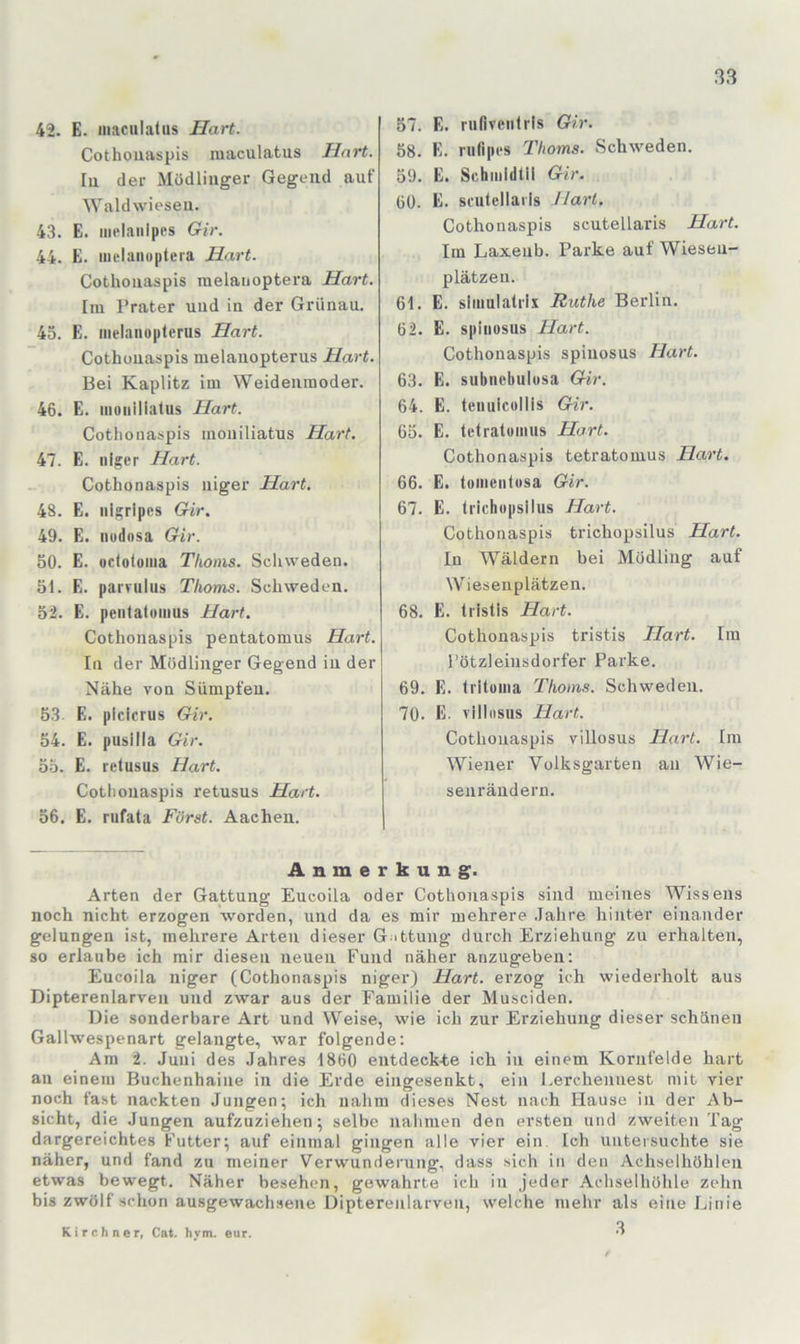 42. E. iiiaculatiis Hart. Cothouaspis maculatus Hart. lu der Mödlinger Gegend auf AYaldwieseu. 43. E. mt'laiilpes Gir. 44. E. iiielaiiopteia Hart. Cothouaspis nielauoptera Hart. Iin l’rater uud in der Griinau. 45. E. inelanoplcrus Hart. Cothonaspis nielanopterus Hart. Bei Kaplitz im Weideninoder. 46. E. inoiiillatus Hart. Cothonaspis inouiliatus Hart. 47. E. niger Hart. Cothonaspis niger Hart. 48. E. nlgripes Gir. 49. E. nodosa Gir. 50. E. octoionia Thoins. Scliweden. 51. E. pamilus Thoms. Schweden. 52. E. penlalomus Hart. Cothonaspis pentatomus Hart. In der Mödlinger Gegend in der Nähe von Sümpfen. 53. E. plcicrus Gir. 54. E. pusilla Gir. 55. E. relusus Hart. Cothonaspis retusus Hart. 56. E. rufata Förat. Aachen. 57. E. rufiveiitris Gir. 58. E. rufipi's Thoms. Schweden. 59. E. Schnildtil Gir. 60. E. sriitcllaiis Hart. Cothouaspis scutellaris Hart. Im Laxenb. Parke auf Wieseu- plätzen. 61. E. siiimlatrix Ruthe Berlin. 62. E. spiuosus Hart. Cothonaspis spiuosus Hart. 63. E. subiiebulosa Gir. 64. E. tenuicollis Gir. 65. E. tclratoimis Hart. Cothonaspis tetratomus Hart. 66. E. toinentosa Gir. 67. E. trichopsilus Hart. Cothonaspis trichopsilus Hart. In Wäldern bei Mödling auf Wiesenplätzen. 68. E. tristis Hart. Cothonaspis tristis Hart. Im l’ötzleiusdorfer Parke. 69. E. Iritoma Thoms. Schweden. 70. E. villosus Hart. Cothouaspis villosus Hart. Im Wiener Volksgarten an Wie- senräudern. Anmerkung. Arten der Gattung Eucoila oder Cothonaspis sind meines Wissens noch nicht erzogen worden, und da es mir mehrere .Tahre hinter einander gelungen ist, mehrere Arten dieser Gattung durch Erziehung zu ei’halten, so erlaube ich mir diesen neuen Fund näher anzugebeu: Eucoila niger (Cothonaspis niger) Hart, erzog ich wiederholt aus Dipterenlarven und zwar aus der Familie der Musciden. Die sonderbare Art und VV^eise, wie ich zur Erziehung dieser schönen Gallwespenart gelangte, war folgende: Am 2. Juni des Jahres 1860 entdeck4.e ich in einem Kornfelde hart an einem Buchenhaiue in die Erde eingesenkt, ein Lercheniiest mit vier noch fast nackten Jungen; ich nahm dieses Nest nach Hause in der Ab- sicht, die Jungen aufzuziehen; selbe nahmen den ersten und zweiten Tag dargereichtes Futter; auf einmal gingen alle vier ein. Ich untersuchte sie näher, und fand zu meiner Verwunderung, dass sich in den Achselhöhlen etwas bewegt. Näher besehen, gewahrte ich in jeder Achselhöhle zehn bis zwölf schon ausgewachsene Dipterenlarven, welche mehr als eine Linie Kirchner, Cat. hym. eur. 3