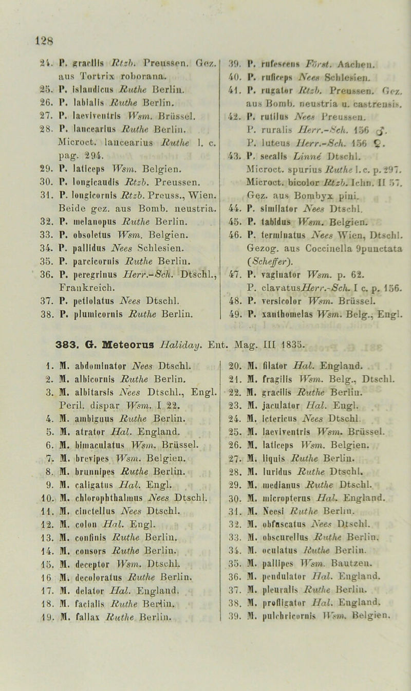 :ä'». P. Rrarllls Rtzh. Preusson. Go,z. aus Tortrix rol)orana. 25. P. islandlcus liuthe Berlin. 26. P. labialis Ruthe Berlin. 27. P. laevlveiilrls Wsm. Brüssel. 28. P. laiir.cailus Ruthe Berlin. Microct. laucearius Ruthe 1. c. pag. 294. 29. P. latlceps TPsm. Belgien. 30. P. longicaudls Rtzh. Preussen. 31. P. longlcoinis Rtzh. Preuss., Wien. Beide gez. aus Bomb, neustria. 32. P. iiielaiiopus Ruthe Berlin. 33. P. obsolelus Wsm. Belgien. 34. P. pallidus Nees Schlesien. 35. P. parclcoriiis Ruthe Berlin. 36. P. percgriiius Herr.-Sch. Dtschl., Frankreich. 37. P. petlülatus Nees Dtschl. 38. P. pluiiilcoiiiis Ruthe Berlin. .39. P. riifrsreii» Först. Aachen. 40. P. rudreps Nees Schlesien. 41. P. rueabir Rtzh. Preussen. Gez. aus Bomb, neu.stria u. castreusis. 42. I*. rulilus Nees l'reusseii. P. ruralis Jlerr.-Hch. 1.56 P. luteus IJerr.-Sch. 1.56 43. P. seralls Finne Dtschl. Microct. spurius Ruthe l.c. p. 297. Microct. bicolor Rtzh. lehn. II .57. Gez. aus Borabyx pini. 44. P. sliiillalor Nees Dtschl. 45. P. labldus Wsm. Belgien. 46. P. leriiiliiatus Nees Wien, Dtschl. Gezog. aus Coccinella 9puuctata (^Scheffer). 47. P. yagliiator Wsm. p. 62. P. cX&yatusHerr.-Sch. I c. p. 136. 48. P. Tcrsicolor Wsm. Brüssel. 49. P. xaiilhomelas Wsm. Belg., Engl. 383, G. Meteorus Haliday. Ent. Mag. III 1833. 1. Itt. abdomiiiator Nees Dtschl. 2- Itt. albicunils Ruthe Berlin. 3. M. albltarsls Nees Dtschl., Engl. Peril. dispar Wsm. I 22. 4. Itt. amblgiius Ruthe Berlin. 5. Itt. atratur Hai. England. 6. Itt. biiiiaculatus Wsm. Brüssel. 7. Itt. brevipes Wsm. Belgien. 8. BI. bniimlpes Ruthe Berlin. 9. Itt. callgatiis Hai. Engl. 10. M. chlorophthahiius Nees Dtschl. 11. Itt. cinctcllus Nees Dtschl. 12. BI. colon Hai. Engl. 13. BI. conlinis Ruthe Berlin. 14. BI. coiisors Ruthe Berlin. 15. BI. dcceptor Wsm. Dtschl. 16 Bl. decoloralus Ruthe Berlin. 17. BI. delalor Hai. England. 18. BI. facialis Ruthe Beidin. 19. BI. fallax Ruthe Berlin. 20. BI. filator Hai. England. 21. BI. fragilis Wsm. Belg., Dtschl. 22. BI. gracilis Ruthe Berlin. 23. BI. jaculalor Hai. Engl. 24. BI. ictcriciis i\ees Dtschl. 25. Itt. lacviventris TFswi. Brüssel. 26. BI. laticeps Ihkni. Belgien. 27. Itt. Ilquis Ruthe Berlin. 28. BI. luridus Ruthe Dtschl. 29. BI. incdiaiius Ruthe Dtschl. 30. BI. iiiicroptcrus Hai. England. 31. BI. Nccsi Ruthe Berlin. 32. BI. ubfnscalus Nee.<< Dtschl. 33. Bl. obscurcllus Ruthe Berlin. 34. BI. ociilatus Ruth.e Berlin. 35. .BI. pallipcs TITswi. Bautzen. 36. -Bl. peiidulator Hai. England. 37. Bl. plcuialls Ruthe Berlin. 38. Bl. profligalor Hai. England. 39. Bl. piilcliririiriiis 117»). Belgien.