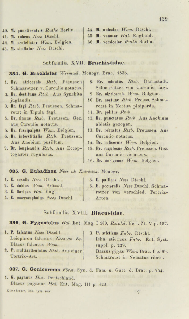 40. M. puiidiveiitils Ruthe Berlin. 41. M. rubeiis Neea Dtsclil. 42. M. scutellatiir Belgien. 43. M. similator Nees Dtschl. 44. M. uiiicolor Warn. Dtschl. 45. M. Venator Hai. England. 46. M. verslcülor Ruthe Berlin. Subfaniilia XVII. Draclüsitidae. 384. G. Brachlstes 1. Br. alricornis Rtzb. Preussen Schmarotzer v. Curculio notatus. 2. Br. destltuus Rtzb. Aus Synchita juglandis. 3. Br. fapi Rtzb. Preussen. Schma- rotzt in Tipula fagi. 4. Br. ßriiius Rtzb. Preussen. Gez. aus Curculio notatus. 5. Br. fiiscipalpus Wam. Belgien. 6. Br. interstitialls Rtzb. Preussen. Aus Anohium pusillum. 7. Br. longicaudis Rtzb. Aus Eccop- togaster rugulosus. Wesmael. Monogr. Brac. 1835. 8. Br. iniiiutus Rtzb. Darmstadt. Schmarotzer von Curculio fagi. 9. Br. nigricornis Wam. Belgien. 10. Br. iioctuae Rtzb. Preuss. Schma- rotzt in Noctua piniperda. 11. Br. polllus Rtzb. 12. Br. puiictatus Rtzb. Aus Anohium abietis gezogen. 13. Br. robustus Rtzb. Preussen. Aus Curculio notatus. 14. Br. ruficoriiis Warn. Belgien. 15. Br. rugulosus Rtzb. Preussen. Gez. aus Curculio violaceus. 16. Br. uncigenus Wam. Belgien. 385. G. Eubadlzon Neea ab Esenbeck. Monogr. 1. E. coialls Neea Dtschl. 2. E. dubius Warn. Brüssel. 3. E. flarlpes Hol. Engl. 4. E. inacrocephalus Nees Dtschl. 5. E. pallipes Nees Dtschl. 6. E. pecturalis Nees Dtschl. Schma- rotzer von verschied. Tortrix- Arten. Subfamilia XVIII. Blacusidae. 386. G. PygOstoluB Hai. Ent. Mag. I 480, Reinhd. Berl. Zt. V p. 157. 1. P. falcatus Nees Dtschl. Leiophron falcatus N^ees ab Es. Blacus falcatus Wam. 2. P. inultiartlculatus Rtzb. Aus einer Tortrix-Art. 3. P. sticticus Fahr. Dtschl. lehn, sticticus Fahr. Ent. Syst, suppl. p. 229. Bassus gigas Wam. Brac. I p. 99. Schmarotzt in Neuiatus ribesi. 387. G. Gonicormus Förat. Syn. d. Farn. u. Gatt. d. Brac. p. 254. 1. G. paganus Hai. Deutschland. Blacus paganus Hai. Ent. Mag. Ul p. 122. Kirchner» Cat. hym. eur. 9