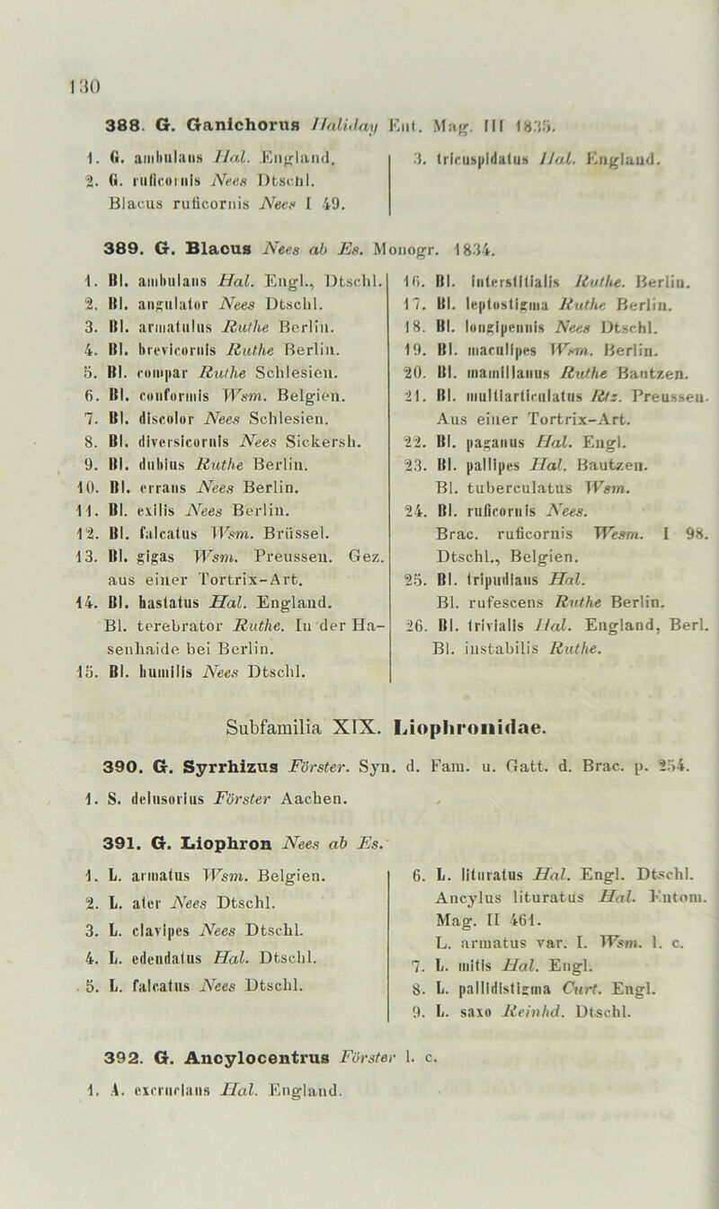 388. G. Ganlchoru» //aliilay Kiit. Ma^. III 1«:i5. 1. fl. .iiiihulaus IJal. Kn^rland. 2. fl. riilicdiiiis A^ees Dtsclil. Blacus ruiicoriiis A^ee.“ 1 49. .'). triruhpidalu» IJaL Knglaud. 389. G. Blaous Nees ah Es. Monogr. 18'34. 1. Kl. ainluilaiis Hai. Engl., Dtsclil. 2. Kl. aiiÄulaliir Nees Dtsclil. 3. Kl. arinaliilus Ruthe Berlin. 4. KI. Itrevicoriiis Ruthe Berlin. 5. Kl. r(tiii|iar Ruthe Schlesien. 6. Kl. citiifoniiis Wsm. Belgien. 7. Kl. discolor Nees Schlesien. 8. Kl. diversicoriils Nees Sickersh. 9. Kl. diiliius Ruthe Berlin. 10. Kl. (“11^1115 Nees Berlin. U. Kl. exilis iVees Berlin. 12. Kl. falcatus TK<tm. Brüssel. 13. Kl. gigas Wsm. Preussen. Gez. aus einer Tortrix-Art. 14. Kl. haslatus Hai. England. Bl. terebrator Ruthe. In der Ha- senh.aide bei Berlin. 13. Kl. Iiuiiillis Nees Dtsclil. K). Kl. hitcr&llllalis RutliC. Berlin. 17. Kl. Ie|iliistigiiia Ruthe Berlin. 18. Kl. lüiiglpeiiiil.s Nees Dtschl. 19. Kl. marullpes Wem. Berlin. 20. Kl. inainiliaiius Ruthe Bautzen. 21. Kl. iiiulliarlirulatus Rtz. Preu.ssen- Aus einer Tortrix-Art. 22. Kl. pagaiius Hai. Engl. 23. Kl. palllpes Hai. Bautzen. BI. tuberculatus Wsm. 24. RI. ruficoriils Nees. Brac. ruficornis Wesm. I 98. Dtschl., Belgien. 2.3. RI. Iripudlaiis Hai. Bl. rufescens Ruthe Berlin. 26. RI. Irivialls Hai. England, Berl. Bl. instabilis Ruthe. Subfamilia XIX. 390. G. Syrrhizua Förster. Syi 1. S. delusorius Förster Aachen. 391. G. Liiophron Nees ab Es. 1. L. ariiiatus Wsm. Belgien. 2. l. aler Nees Dtschl. 3. L. clavipes Nees Dtschl. 4. L. edeiidalus Hol. Dtschl. 5. L. falcatus Nees Dtschl. Liophroiiidne. . d. Farn. u. Gatt. d. Brac. p. 2.34. 6. L. litiiialus Hai. Engl. Dtschl. Ancylus lituratus Hai. Kntoni. Mag. II 461. L. armatus rar. I. TPsni. 1. c. 7. h. iiiilis Hai. Engl. 8. L. pallldlsilirma Curt. Engl. 9. Ii. saxo Rehthd. Dtschl. 392. G. Anoylocentrua Förster 1. c.