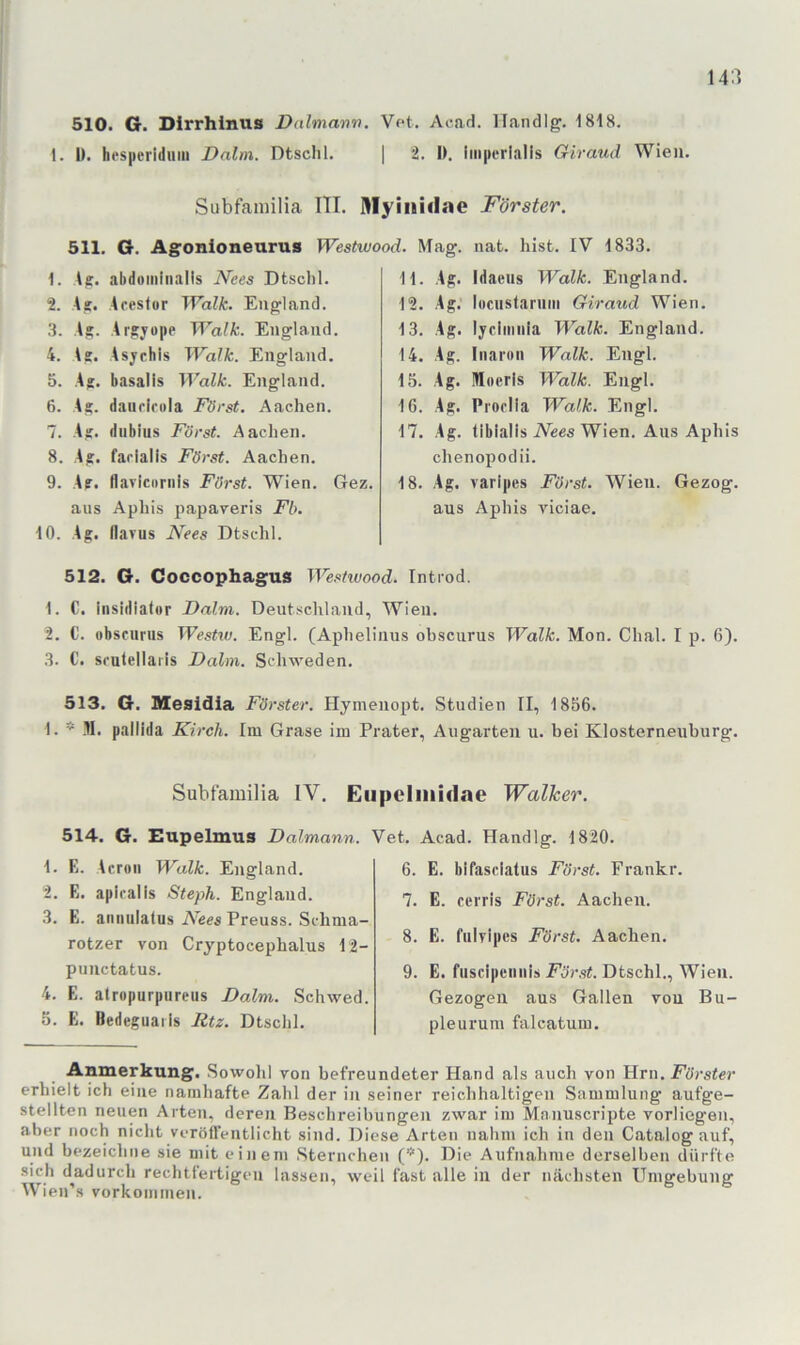 141 510. G. DIrrhlnus Dalmartn. Vot. Acad. IT.andlg. 1818. 1. I). hes|)cr!duin Dalm. Dtschl, | 2. I>. Iinpcrlalis Giraud Wien. Subfamilia ITI. Myiiiiiloe Förster. 511. G. Agonioneurus Westwood. Mag. 1. Ip. abdominalis Nees Dtschl. 2. Acestor Walk. England. 3. Aj. Argjope Walk. England. 4. 1?. Isjchis Walk. England. 5. Af. basalis Walk. England. 6. A^. daurirola Först. Aachen. 7. Aff. dubius Först. Aachen. 8. Ap. facialis Först. Aachen. 9. Ap. flavicornis Först. Wien. Gez. aus Aphis ])apaveris Fb. 10. Ag. Ilavus Nees Dtschl. nat. hist. IV 1833. 11. Ag. Idaciis Walk. England. 12. Ag. lociistanim Giraud Wien. 13. Ag. lycimnia Walk. England. 14. Ag. Iiiaioii Walk. Engl. 15. Ag. Moeris Walk. Engl. 16. Ag. l’roclia Walk. Engl. 17. Ag. (iblalis iVees Wien. Aus Aphis chenopodii. 18. Ag. varipes Först. AVieu. Gezog. aus Aphis viciae. 512. G. Coccophagus We.“tiuood. Intiod. 1. C. iiisidialor Dalm. Deutschland, Wien. 2. C. obsfurus Westw. Engl. (Aphelinus obscurus Walk. Mon. Chal. I p. 6). 3. C. scutellaris Dalm. Schweden. 513. G. Meaidia Förster. Hymeuopt. Studien II, 1856. 1. ,11. pallida Kirch. Im Grase im Prater, Augarten u. bei Klosterneuburg. Subfamilia IV. Eupcliiiidae Walker. 514. G. Hupelmus Dalmann. Vet. Acad. Handlg. 1820. 1. E. Acroii Walk. England. 2. E. apiralls Steph. England. 3. E. aniiiilalus Nees Preuss. Schma- rotzer von Cryptocephalus 12- punctatus. 4. E. alropurpureus Dalm. Schwed. 5. E. Bedeguails Rtz. Dtschl. 6. E. bifasclatiis Först. Frankr. 7. E. cerris Först. Aachen. 8. E. fulvipes Först. Aachen. 9. E. fuscipciinls Först. Dtschl., Wien. Gezogen aus Gallen von Bu- pleurum falcatum. Anmerkung. .Sowohl von befreundeter Hand als auch von Hrn. Eo'rsier erhielt ich eine namhafte Zahl der in seiner reichhaltigen Sammlung aufge- stelltcn neuen Arten, deren Beschreibungen zwar im Mnnuscripte vorliegen, aber noch nicht voröfl'entlicht sind. Diese Arten nahm ich in den Catalog auf, und bezeichne sie mit einem Sternchen (’*'). Die Aufnahme derselben dürfte sich d^adurch rechtfertigen lassen, weil fast alle in der nächsten Umgebung Wien’s vorkoimneu.