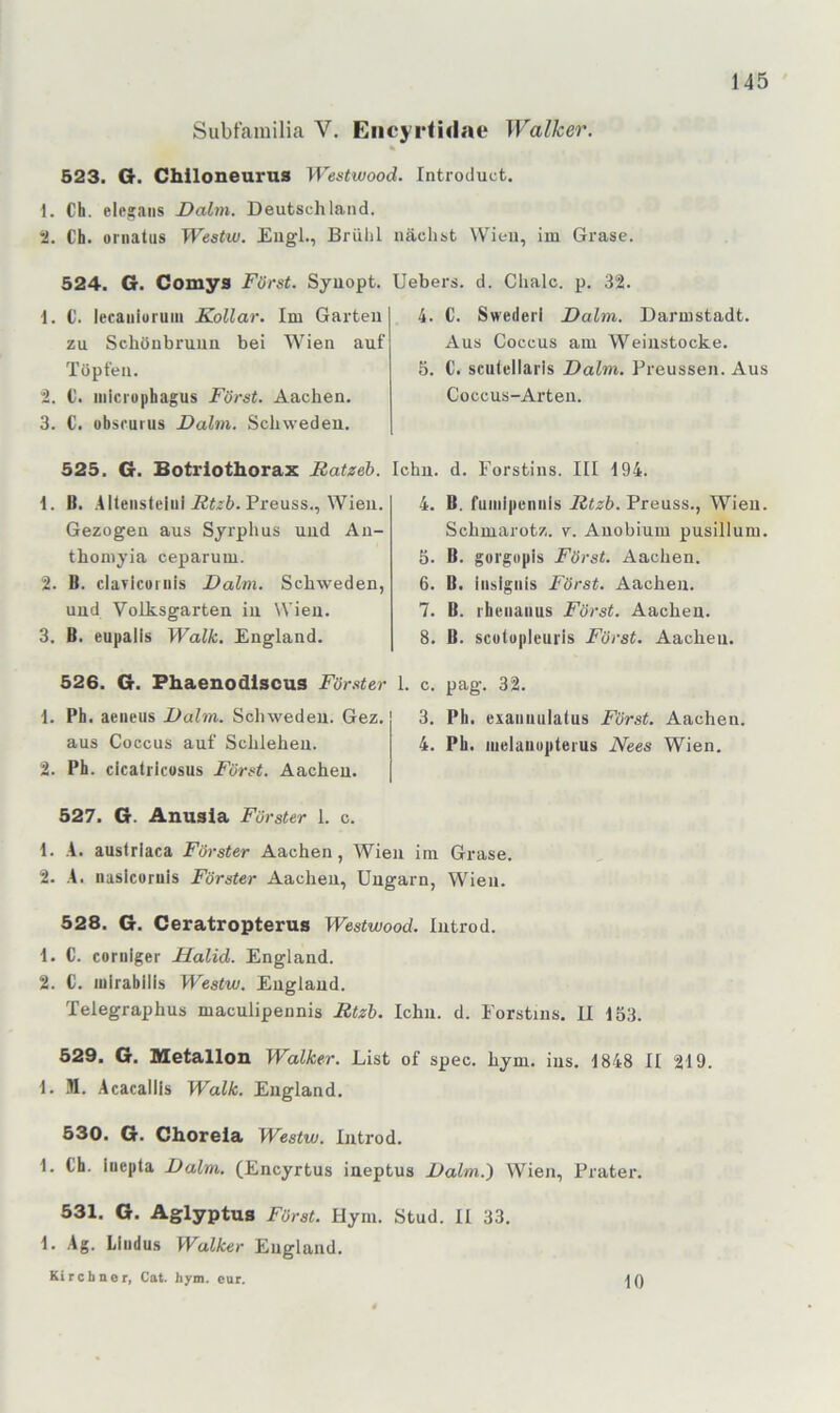 Subtainilia V. Eiicyrtidnc Walker. 523. G. Chiloneurus Westivood. Introduct. 1. Ch. elegaiis Dahn. Deutschland. t. Ch. ornatus Westw. Eugl., Briilil 524. G. Comys Först. Syuopt. 1. C. lecauloruiii Kollar. Im Gai’teu zu Schöubruun bei Wien auf Töpfen. t. C. miciophagus Först. Aachen. 3. C. obsfuius Dahn. Sclnvedeu. 525. G. Botrlothorax Ratzeh. 1. B. Allensleiuii2^z6.Preuss., Wien. Gezogen aus Syrphus uud Au- thomyia ceparum. 2. B. clavicoiuis Dalm. Schweden, uud Volksgarten in Wien. 3. B. eupalis Walk. England. 526. G. Phaenodlscus Förster 1. Ph. aeneus Dahn. Schweden. Gez. aus Coccus auf Schlehen. 2. Ph. cicatricusus Först. Aachen. nächst Wien, im Grase. Uebers. d. Chalc. p. 32. 4. C. Sweder! Dalm. Darmstadt. Aus Coccus am Weiustocke. 5. C. sculellaris Dalm. Preussen. Aus Coccus-Arten. lehn. d. Forstins. III 194. 4. B. fuiiilpeniils Rtzb. Preuss., Wien. Schmarotz, v. Auobium pusillum. 5. B. gorgopls Först. Aachen. 6. B. Insigiiis Först. Aachen. 7. B. rhenanus Först. Aachen. 8. B. scütupleui'is Först. Aachen. 1. c. pag. 32. 3. Ph. exaiiiiiiiatus Först. Aachen. 4. Ph. luelaiiupteius Nees Wien. 527. G. Anusla Förster 1. c. 1. A. austriaca Förster Aachen, Wien ini Grase. 2. A. naslcuruis Förster Aachen, Ungarn, Wien. 528. G. Ceratropterus Westwood. lutrod. 1. C. corulger Halid. England. 2. C. mirabllis Westw. England. Telegraphus maculipennis Rtzb. lehn. d. Forstins. II 153. 529. G. Bletallon Walker. Eist of spec. hym. ins, 1848 II 219. 1. .H. Acacaliis Walk. England. 530. G. Ckorela Westw. lutrod. 1. Ch. luepta Dalm. (Encyrtus ineptus Dalm.) Wien, Prater. 531. G. Aglyptus Först. Hym. Stud. 11 33. 1. .Ag. Lliidus Walker England. Kirchner, Cat. hym. cur. 10