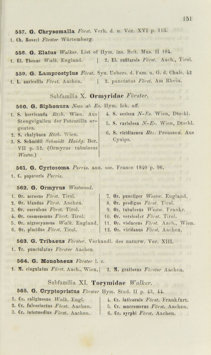 557. G. Chrysomalla Fürst. Verh. d. n. Ver. XV[ p. 113. 1. Ch. Rüseri Förster Wiirteniberg. 558. G. Elatus Walker. List of Hyra, ins. Brit. Mus. II 104. 1. El. Thenae Walk. England. ] 2. El. rufilarsls Fürst. Aach., Tirol. 559. G. Lamprostylus Fürst. Syn. Uebers. d. Fam. u. G. d. Chalc. 42 I. l. aurlcollis Fürst. Aachen. | 2. punctatus Fürst. Am Rhein. Subfamilia X. Oriiiyridae Förster. 560. G. Siphonura Nees ah Es. 1. S. brericauda Rtzb. Wien. Aus Stengelgallen der Potentilla ar- gentea. 2. S. cbalybaea Rtzh. Wien. 3. S. Schmldtl Schmidt Haidg. Ber. VII p. 52. (Orrayrus tubulosus Westw.') 561. G. Cyrtosoma Perris. anii. 1. C. papaverls Perris. 562. G. Ormyrus Westwood. 1. Or. aerosus Fürst. Tirol. 2. Or. blandus Fürst. Aachen. 3. Or. poeruleus Fürst. Tirol. 4. Or. cosiiiozttinus Fürst. Tirol. 5. Or. nlgrocyaneus Walk. England. 6. Or. placidus Fürst. Tirol. Hym. Ich. aff. 4. S. sericea N-Es. Wien, Dtschl. 5. S. variulusa N-Es. Wien, Dtschl. 6. S. vlridiaeiica Rtz. Preussen. Aus Cyuips. soc. France 1840 p. 96. 7. Or. punctlger Westw. England. 8. Or. prodigiis Fürst. Tirol. 9. Or. tubulosus Westw. Frankr. 10. Or. vcrsicülur Fürst. Tirol. 11. Or. violaceus Für.st. Aach., Wien. 12. Or. vlrldaiius Fürst. Aachen. 563. G. Tribaens Fürster. Verhandl. des naturw. Ver. XIII. 1. Tr. punctulatus Fürster Aachen. 564. G. Monobaeus Fürster 1. c. 1. M. cingulalus jPöV.< Aach., Wien. | 2. M. gratlosus Fürster Aachen. Subfamilia XI. Toryiiiidac Walker. 665. G. Cryptopristus Fürster Hym. Stud. II p. 43, 44. 1. Cr. callglnosus Walk. Engl. 2. Cr. fulvocinctus Fürst. Aachen. 3. Cr. Intermedins Fürst. Aachen. 4. Cr. laticoruls Fürst. Frankfurt. 5. Cr. macromerus Fürst. Aachen. 6. Cr. syrphi Fürst. Aachen.