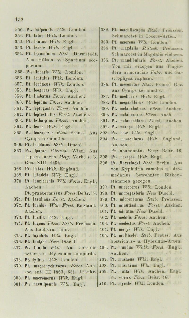 350. I’t. lalliieniiis Wik. J^ondon. 351. IM. lalus Wik. I.ondoii. 352. Pt. lautiis Wik. Engl. 353. Pt. Icberc Wik. Eiigl. 354. Pt. legumlntim Rtzb. Darnistadt. Aus Hülsen v. Spartium sco- parium. 355. Pt. linearis Wik. London. 356. Pt. lentiilus Wik. London. 357. Pt. leodacus Wik. London. 358. Pt. leogeras Wik. Engl. 359. Pt. liiiibatus Först. Aachen. 360. Pt. lepidus Först. Aachen. 361. Pt. leptugaster Först. Aachen. 362. Pt. leptostlctus Först. Aachen. 363. Pt. letbargins Först. Aachen. 364. Pt. leuce Wik. Engl. 365. Pt. leiicupezus Rtzb. Preuss. Aus Cynips terminalis. 366. Pt. lepidotus-i22?6. Dtschl. 367. Pt. liparae Giraud. Wien. Aus Lipara lucens Meig. Verh. z. b. Ges. XIII, 1252. 368. Pt. listüs Wik. England. 369. Pt. lübadeia Wl,k. Engt. 370. Pt. longicornls Wik. Först. Engl., Aachen. Pt. praetermissus Först. Beitr. 19. 371. Pt. lazulinus Först. Aachen. 372. Pt. lucidus Wik. Först. England, Aachen. 373. Pt. lucilla Wik. Engl. 374. Pt. Ingens Först. Rtzb. Preussen. Aus Lophyrus pini. 375. Pt. lugubris Wik. Engl. 376. Pt. Inniger Nees Dtschl. 377. Pt. iunnia Rtzb. Aus Curculio notatus u. Hylesinus piniperda. 378. Pt. lythus Wik. London. 379. Pt. inacronycliivorus Perez Ann. soc. ent. III 1863, 631. Frankr. 380. Pt. inacroinerus Wik. Engl. 381. Pt. iiiaculipennls Wik. Engl. .182. Pt. inarnlisrapiu Rtzb. l’reussen. .Schmarotzt in Cocciis-Arten. 383. Pt. inaeretis Wik. iyOiidon. 384. Pt. niagdalls Jtatzeh. l’reuss<'ii. Schmarotzt in Magdalis violacea. 385. Pt. inandlbularls Först. Aachen. Von mir erzogen aus Plagio- dera annoraciae Fahr, und Ga- strophysa raphani. 386. Pt. ineconotus Rtzb. Preuss. Gez. aus Cynips terminalis. 387. Pt. niedlurrls Wik. Engl. 388. Pt. inegachlorus Wik. London. 389. Pt. luelanchollcns Först. Aachen. 390. Pt. uielanocerns Först. Aach. 391. Pt. inelanochlorus Först. Aachen. 392. Pt. lucrope Wik. Engl. 393. Pt. niese Wik. Engl. 394. Pt. luesochlorus Wik. England, Aachen. Pt. acuminatus Först. Beitr. 16. 395. Pt. niesapos Wik. Engl. 396. Pt. Uleyerincki Rtzb. Berlin. Aus von Xyphidria canielus u. dro- medarius bewohnten Birken- stämmen gezogen. 397. Pt. inicrocerus Wik. London. 398. Pt. inicrogasteris Nees Dtschl. 399. Pt. inicroneurus Rtzb. Prenssen. 400. Pt. inlnutissiinus Först. Aachen. 401. Pt. luinutus Nees Dtschl. 402. Pt. inobllis Först. Aachen. 403. Pt. inodestus Först. Aachen. 404. Pt. inorys Wik. Engl. 405. Pt. luultlcolor Rtzb. Preuss. .Aus Bostrichus- u. Hylesinus-.Arten. 406. Pt. inundus Walk. Först. Engl., Aachen. 407. Pt. inusaeus Wik. Engt. 408. Pt. ninscaruin Wik. Engt. 409. Pt. inutla TEZit. Aachen, Engl. Pt. vorax Först. Beitr. 16. 410. Pt. inycale Wik. London.