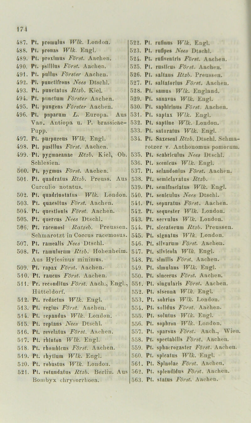 487. I’t. proiiiulus Wik. I.ondon. 488. P(. pronas Wik. Engl. 489. Pt. |ir»xliiius FOrst. Aachen. 490. Pf. psilllus Fürnt. Aaclien. 491. Pf. piilliis Förster Aaclien. 492. Pi. puiicfifrons Nees Dtschl. 493. Pf. piinctafiis Rtzh. Kiel. 494. Pt. punctum Förster Aachen. 495. Pt. pungeiis Förster Aachen. 496. Pt. pnparum L. Europa. Aus Van. Antiopa u. P. brassicae- Pupp. 497. Pt. pnrpureus Wik. Engl. 498. Pt. pusillus Först. Aachen. 499. Pt. pygiiiacanae Rtzb. Kiel, Ob. Schlesien. 500. Pt. pyginus Först. Aachen. 501. Pt. quadratus Rtzh. Preuss. Aus Curculio notatus. 502. Pt. quadrliiotaliis Wik. London. 503. Pt. quaesltus Först. Aachen. 504. Pt. questlüiiis Först. Aachen. 505. Pt. quercus Nees Dtschl. 566. Pt. racemosi Ratzeh. Preussen. Schmarotzt in Coccus racemosus. 507. Pt. ramealis Nees Dtschl. 508. Pt. ramulorum Rtzh. Hohenheim. Aus Hylesinus minimus. 509. Pt. rapax Först. Aachen. 510. Pf. raiiciis Först. Aachen. 511. Pi'. recimditus Först. Aach., Engl., Hütteldorf. 512. Pt. rcdacfus Wik. Engl. 513. Pt. regius Först. Aachen. 514. Pt. lepandus Wik. London. 515. Pt. reptans Nees Dtschl. 516. Pt. revelatiis Först. Aachen. 517. Pt. rhlnton Wik. Engl. 518. Pt. rliombicus Först. Aachen. 519. Pt. rhjtium Wik. Engl. 520. Pt. rohustus Wik. London. 521. Pt. rotundatus Rtzh. Berlin. Aus Bonibyx chrysorrlioea. 522. Pt. rulhiub Wik. Engl. 523. Pt. riifipe* Nees Dtschl. 524. Pt. ruliventrls Först. Aachen. 525. Pt. rustlrus Först. Aachen, 526. Pt. saltaiis Rtzh. Preussen. 527. Pt. saltatorlus Först. Aachen. 528. Pf. sainus Wik. England. 529. Pt. sanavus Wik. Engl. 530. Pt. saphlrinus Först. Aachen. 531. Pt. saplax Wik. Engl. 532. Pt. saptlne Wik. London. 533. Pt. satiiratus Wik. Engl. 534. Pt. Saxesenl Rtzh. Dtschl. .Schma- rotzer V. Anthonomus pomorum. 535. Pt. scabriculus Nees Dtschl. 536. Pt. scenicus Wik. Engl. 537. Pt. selandoniiis Först. Aachen. 538. Pt. scmiclavatus Rtzh. 539. Pt. seinifasclalus Wik. Engl. 540. Pt. senlculus Nees Dtschl. 541. Pt. sepuratus Först. Aachen. 542. Pt. Sequester Wik. London. 543. Pt. seivulus Wik. London. 544. Pt. siccatoruin Rtzh. Preussen. 545. Pt. signatus Wik. London. 546. Pt. sllraruin Först. Aachen. 547. Pf. silvlcola Wik. Engl. 548. Pt. siinilis Först. Aachen. 549. Pf. sliniilans Wik. Engl. 550. Pt. sincerns Forst. Aachen. 551. Pt. siiigularls Först. Aachen. 552. Pt. siseniia Wik. Engl. 553. Pt. sobrius Wik. London. 554. Pt. Solidus Först. Aachen. 555. Pt. solutus Wik. Engl. 556. Pt. sopbroii Wik. London. 557. Pt. sparsus Först. Aach., Wien. 558. Pf. speetabllis Först. .4achen. 559. Pt. spbaerogaster Först. Aachen. 560. Pt. spicatus Wik. Engl. 561. Pt. Spinolac Först. Aachen. 562. Pt. spleiididus För.st. .Aachen. 563. Pt. Status Först. Aachen.