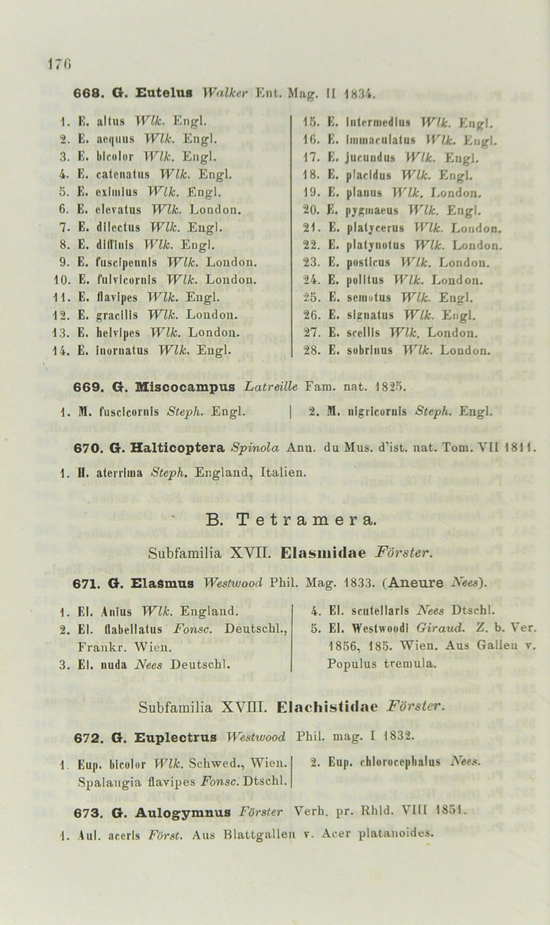 170 668. O. Eutelus Walker Ent. 1. K. allus Wik. Engl. 2. E. ae(|uus Wik. Engl. 3. E. blcülor Wik. Engl. 4. E. catcnatus Wik. Engl. 5. E. exliiilus Wik. Engl. 6. E. clevalus Wik. London. 7. E. dilcdus Wik. Engl. 8. E. din'iiiis Wik. Engl. 9. E. fuscipeimis Wik. London. 10. E. fulvlcoriiis Wik. London. H. E. flavipes Wik. Engl. 12. E. gracilis Wik. London. 13. E. helvipes Wik. London. 14. E. iiiüriiatus Wik. Engl. Mag. 11 1834. 15. E. Inleniiedlus Wik. Engl. 16. E. Iininarulalus Wik. Engl. 17. E. jucuiidus Wik. Engl. 18. E. placidus Wik. Engl. 19. E. planus Wik. I.ondon. 20. E. pjginaeus Wik. Engl. 21. E. plaljcerus Wik. London. 22. E. plalynolus Wik. London. 23. E. posticus Wik. London. 24. E. polltus Wik. London. 25. E. semulus Wik. Engl. 26. E. signatus Wik. Engl. 27. E. spellis Wik. London. 28. E. subrinus Wik. London. I 2. M. iiigricurnis Steph. Engl. Anu. du Mus. d’ist. nat. Tom. VII 18H. 669. G. Miscocampus Latreille Fam. nat. 1825. 1. M. fuscicornis Steph. Engl. 670. G. Halticoptera Spinola 1. H. aterrima Steph. England, Italien. B. Tetramer a. Subfamilia XVII. Elasiiiiclae Förster. 671. G. Elasmus Westwood Phil. Mag. 1833. (Aneure Fees). 1. El. Anius Wik. England. 2. El. flabellalus Fonsc. Deutschi., Frankr. Wien. 3. El. nuda Nees Deutschi. 4. El. scutellarls Nees Dtschl. 5. El. WestwoodI Giraud. Z. b. Ver. 1856, 185. Wien. Aus Galleu v. Populus tremula. Subfamilia XVni. Elachistidae Förster. 672. G. Euplectrus Westwood Phil. mag. I 1832. 1. Eup. blcolur Wik. Schwed., Wien. Spalaiigia flaripes Fonsc. Dtschl. 2. Eup. rhloroccphalus xVeps. 673. G. Aulogymnus Förster Verh. pr. Rhld. VIII 1851.