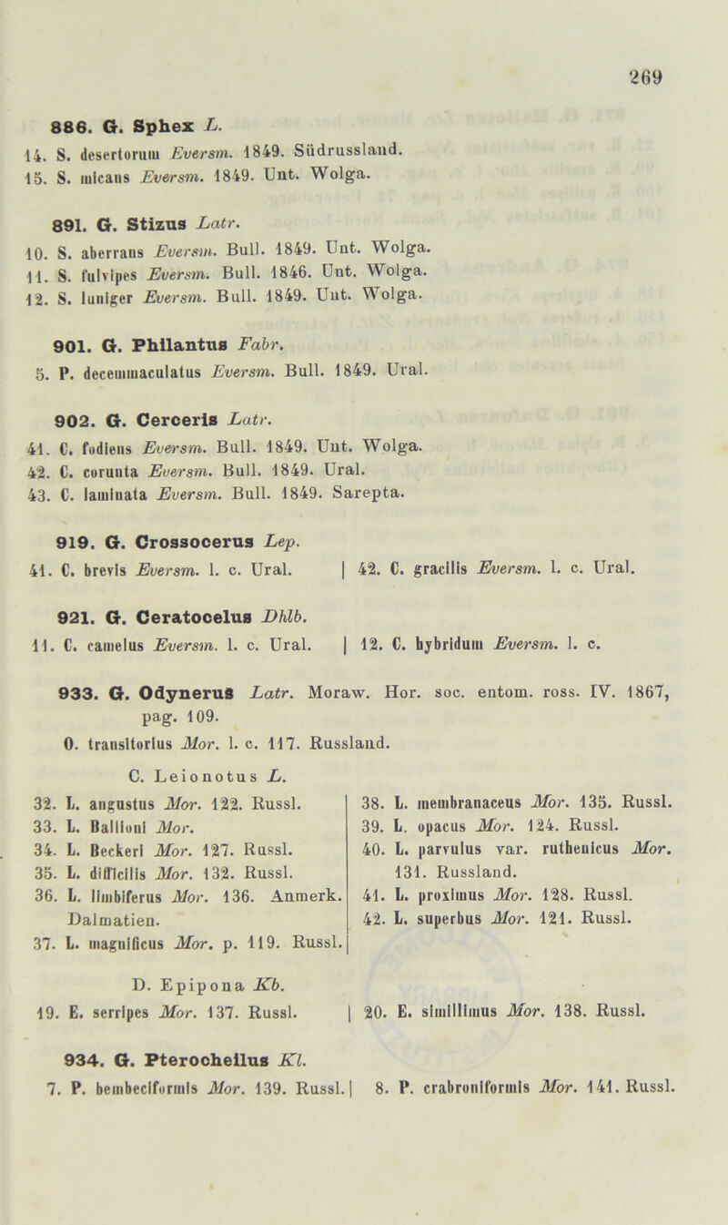 886. O. Sphex L. 14. S. desertorulu Eversm. 1849. Siidrusslaiid. 15. S. lulcans Eversm, 1849. Unt. Wolga. 891. G. Stizus Latr. 10. S. aberrans Eversm. Bull. 1849. Unt. Wolga. 11. S. fulvipes Eversm. Bull. 1846. Unt. Wolga. 12. S. luiiiger Eversm. Bull. 1849. Uut. Wolga. 901. G. Phllantua Fahr. 5. P. deceimuaculatus Eversm. Bull. 1849. Ural. 902. G. Cerceris Latr. 41. C. füdleiis Eu&rsm. Bull. 1849. Uut. Wolga. 42. C. coruuta Eversm. Bull. 1849. Ural. 43. C. lamiiiata Eversm. Bull. 1849. Sarepta. 919. G. Crossocerus Lep. 41. C. brevls Eversm. 1. c. Ural. | 42. C. gracllis Eversm. 1. c. Ural. 921. G. Ceratocelus Dhlb. 11. C. cainelus Eversm. 1. c. Ural. | 12. C. hjbridum Eversm. 1. c. 933. G. OdyneruS Latr. Moraw. Hör. soc. entom. ross. IV. 1867, pag. 109. 0. transltorlus Mor. 1. c. 117. Russland. C. Leionotus L. 32. L. angnstus M<yr. 122. Russl. 33. L. Balliuiil Mor. 34. L. Beckeri Mor. 127. Russl. 35. L. difl'lcills Mor. 132. Russl. 36. L. Iliiibiferus Mor. 136. Anmerk. Dalmatien. 37. L. magnidcus Mor. p. 119. Russl. D. Epipoua Kb. 19. E. serrlpes Mor. 137. Russl. 934. G. PteroohelluB Kl. 7. P. beiiibeclformls Mor. 139. Russl. 38. L. meuibranaceus Mor. 135. Russl. 39. L. opacus Mor. 124. Russl. 40. l. parvulus var. rutheuicus Mor. 131. Russland. 41. L. pruxiinus Mor. 128. Russl. 42. L. superbus Mor. 121. Russl. I 20. E. siiiiilliiiius Mor. 138. Russl. 1 8. P. crabruniformls Mor. 141. Russl.