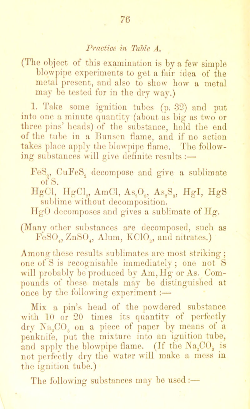 Practice, in Table A. (The object of this examination is by a few simple blowpipe experiments to g*et a fair idea of the metal present, and also to show how a metal may be tested for in the dry way.) 1. Take some ignition tubes (p. 32) and put into one a minute quantity (about as big as two or three pins’ heads) of the substance, hold the end of the tube in a Bunsen thune, and if no action takes place apply the blowpipe dame. The follow- ing substances will give definite results :— FeS2, CuFeS2 decompose and give a sublimate of S. HgCl, TIgCL, AmCl, As203, As2S8, Hgl, ITgS sublime without decomposition, poses and HgO dccom gives a sublimate of Hg. (Many other substances are decomposed, such as FeS04, ZnSO„ Alum, KC103, and nitrates.) Among these results sublimates are most striking; one of S is recognisable immediately; one not S will probably be produced by Am, Hg or As. Com- pounds of these metals may be distinguished at once by the following experiment :— Mix a pin’s head of the powdered substance with 10 or 20 times its quantity of perfectly dry Na2C03 on a piece of paper by means of a penknife, put the mixture into an ignition tube, and apply the blowpipe flame. (If the Na,C03 is not perfectly dry the water will make a mess in the ignition tube.) The following substances may be used:—
