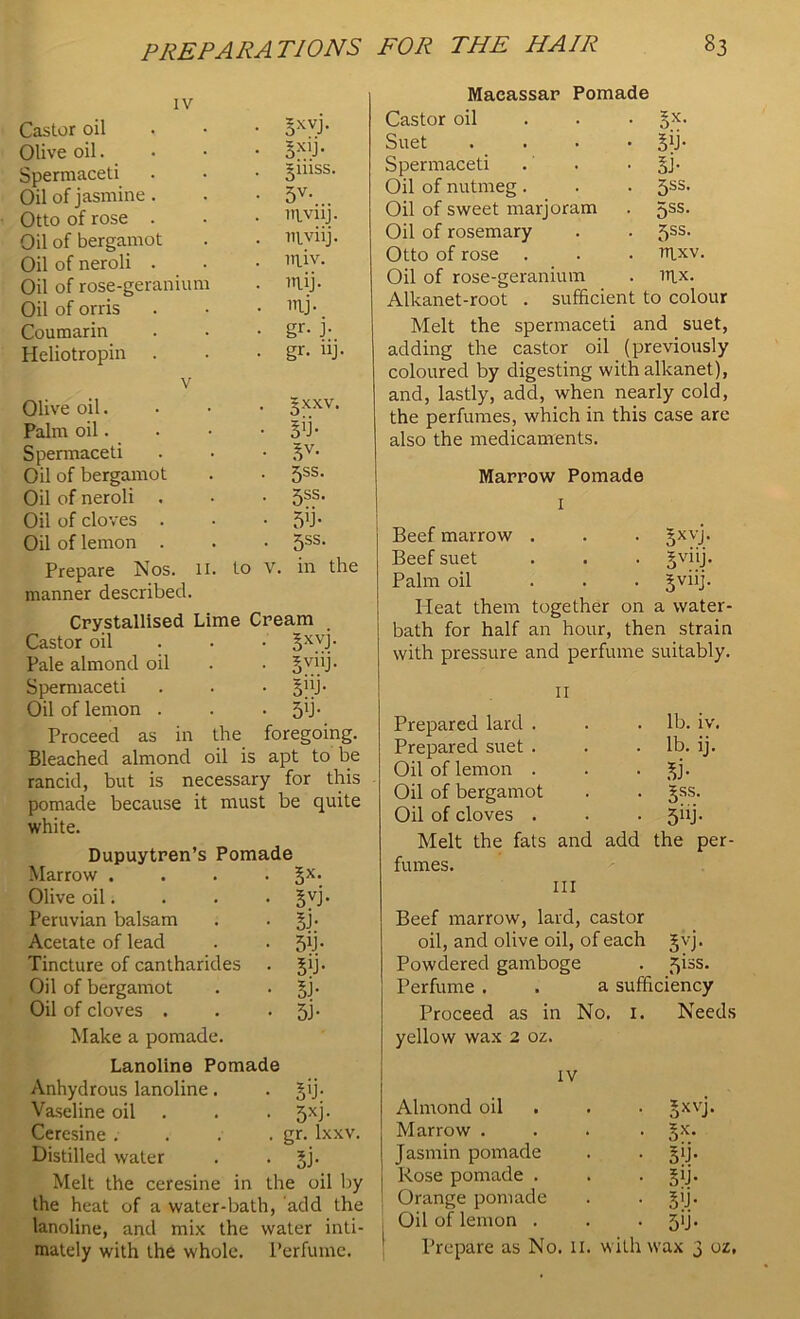 IV Castor oil • 5XV3- Olive oil. • Sxb- Spermaceti £niss. Oil of jasmine . • 5V- Otto of rose . . mviij. Oil of bergamot . ntviij. Oil of neroli . . miv. Oil of rose-geranium . mJj. Oil of orris . mj. Coumarin • gr- 3- Heliotropin . • gr- nj- V Olive oil. • 5XXV- Palm oil. • 5b- Spennaceti • 5V- Oil of bergamot • 5SS- Oil of neroli . • 5SS- Oil of cloves . • 5b- Oil of lemon . • 5SS- Prepare Nos. li. to v. in the manner described. Crystallised Lime Cream Castor oil • 5xvi- Pale almond oil • 5vlb- Spermaceti • 5n3- Oil of lemon . • 5b- Proceed as in the foregoing. Bleached almond oil is apt to be rancid, but is necessary for this pomade because it must be quite white. Dupuytren’s Pomade Marrow . • 5X- Olive oil. • 5VJ- Peruvian balsam • 53- Acetate of lead • 5b- Tincture of cantharides • 5b- Oil of bergamot • Si- Oil of cloves . • 53- Make a pomade. Lanoline Pomade Anhydrous lanoline. • Bb- Vaseline oil • 5XJ- Ceresine . . gr. lxxv. Distilled water • 53- Melt the ceresine in the oil by the heat of a water-bath, add the lanoline, and mix the water inti- mately with the whole. Perfume. Macassar Pomade Castor oil Suet . 5b- Spermaceti . . §j- Oil of nutmeg . . . 5SS- Oil of sweet marjoram . 5SS- Oil of rosemary . . 5SS- Otto of rose . . • ffixv. Oil of rose-geranium . nix. Alkanet-root . sufficient to colour Melt the spermaceti and suet, adding the castor oil (previously coloured by digesting with alkanet), and, lastly, add, when nearly cold, the perfumes, which in this case arc also the medicaments. Marrow Pomade i Beef marrow . . . 5XVJ. Beef suet . . . gviij. Palm oil ... jviij. Heat them together on a water- bath for half an hour, then strain with pressure and perfume suitably. ii Prepared lard . . .lb. iv. Prepared suet . . lb. ij. Oil of lemon . . . ^j. Oil of bergamot . . jss. Oil of cloves . . • 5iij. Melt the fats and add the per- fumes. ill Beef marrow, lard, castor oil, and olive oil, of each Jvj. Powdered gamboge . 5*ss- Perfume . . a sufficiency Proceed as in No. I. Needs yellow wax 2 oz. iv Almond oil Marrow . Jasmin pomade Rose pomade . Orange pomade Oil of lemon . Prepare as No. 11 • 5XV3* • 5X- • 5b- • 5b- • 3b- • 5b- with wax 3 oz,