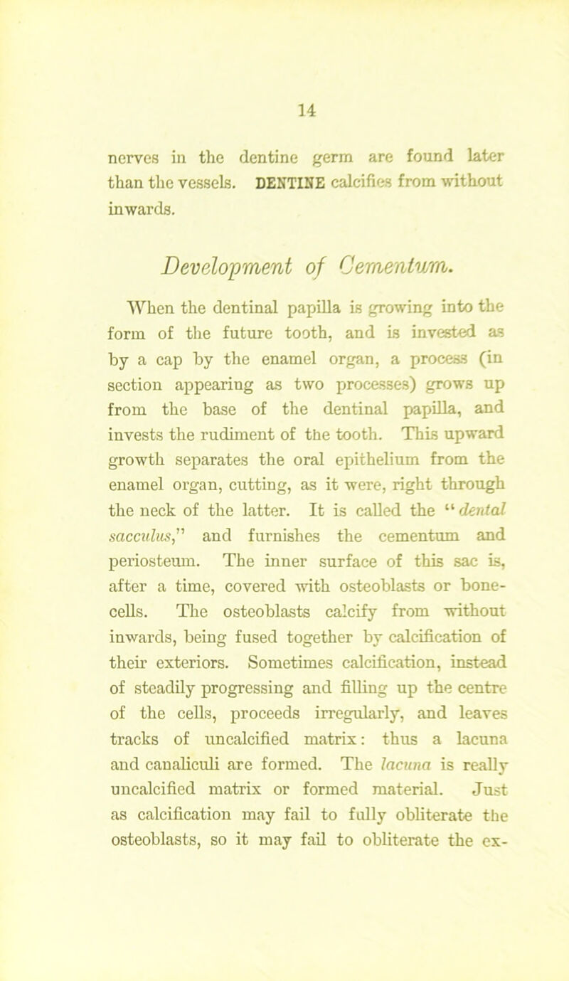 nerves in the dentine germ are found later than the vessels. DENTINE calcifies from without inwards. Development of Oementvm. When the dentinal papilla is growing into the form of the future tooth, and is invested as by a cap by the enamel organ, a process (in section appearing as two processes) grows up from the base of the dentinal papilla, and invests the rudiment of the tooth. This upward growth separates the oral epithelium from the enamel organ, cutting, as it were, right through the neck of the latter. It is called the “ dental sacculus,” and furnishes the cementum and periosteum. The inner surface of this sac is, after a time, covered with osteoblasts or bone- cells. The osteoblasts calcify from without inwards, being fused together by calcification of their exteriors. Sometimes calcification, instead of steadily progressing and filling up the centre of the cells, proceeds irregularly, and leaves tracks of uncalcified matrix: thus a lacuna and canaliculi are formed. The lacuna is really uncalcified matrix or formed material. Just as calcification may fail to fully obliterate the osteoblasts, so it may fail to obliterate the ex-