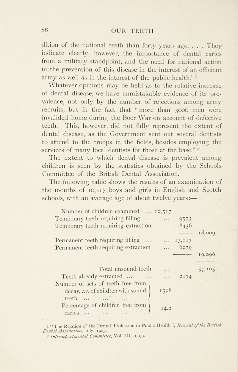 dition of the national teeth than forty years ago. . . . They indicate clearly, however, the importance of dental caries from a military standpoint, and the need for national action in the prevention of this disease in the interest of an efficient army as well as in the interest of the public health.” 1 Whatever opinions may be held as to the relative increase of dental disease, we have unmistakable evidence of its pre- valence, not only by the number of rejections among army recruits, but in the fact that “ more than 3000 men were invalided home during the Boer War on account of defective teeth. This, however, did not fully represent the extent of dental disease, as the Government sent out several dentists to attend to the troops in the fields, besides employing the services of many local dentists for those at the base.” 2 The extent to which dental disease is prevalent among children is seen by the statistics obtained by the Schools Committee of the British Dental Association. The following table shows the results of an examination of the mouths of 10,517 boys and girls in English and Scotch schools, with an average age of about twelve years:— Number of children examined ... 10,517 Temporary teeth requiring filling ... ... 9573 Temporary teeth requiring extraction ... 8436 Permanent tee'th requiring filling ... ... 13,017 Permanent teeth requiring extraction ... 6079 18,009 19,096 Total unsound teeth Teeth already extracted ... Number of sets of teeth free from \ decay, i.e. of children with sound j teeth ... ... ... 7 Percentage of children free from j \ f caries ... ... ••• ••• J 37? io5 2174 1508 14.2 1 “The Relation of the Dental Profession to Public Health ”, Journal of the British Dental Association, July, 1903. 2 Interdepartmental Committee, Vol. Ill, p. 99.