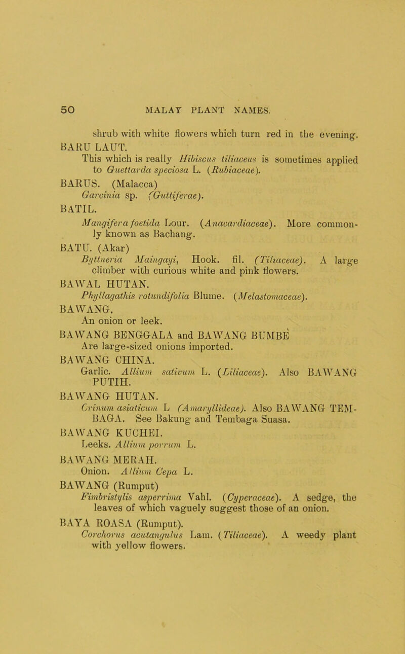 shrub with white flowers which turn red in the evening. HARU LAUT. This which is really Hibiscus tiliuceus is sometimes applied to Oueftarda speciosa L. (Rubiaceae). BARUS. (Malacca) Garcinia sp. CGiittiferae), BATIL. Maiigifera foetida Lour. {Anacardiaceae'). More common- ly known as Bachang. BATU. (Akar) Biittneria Maiugaiji, Hook. HI. (Tiliaceae). A large climber with curious white and pink dowers. BAWAL HUT AN. Phyllagathis rotundifolia Blume. {Melctstomaceae). BAWANG. An onion or leek. BAWANG BENGGALA and BAWANG BUMBE Are large-sized onions imported. BAWANG CHINA. Garlic. Allium sativum L. (Liliaceae). Also BAWANG PUTIH. BAWANG HUTAN. Crinum asiaticum L (Amaryllideae). Also BAWANG TEM- BAGA. See Bakung and Tembaga Suasa. BAWANG KUCHEI. Leeks. Allium porrum L. BAWANG ME RAH. Onion. Allium Gepa L. BAWANG (Rumput) Fimbristylis aspei'rima Vahl. {Cyperaceae). A sedge, the leaves of which vaguely suggest those of an onion. BAYA ROASA (Rumput). Corchorus acutanyuhis Lam. {Tiliaceae), A weedy plant with yellow flowers.