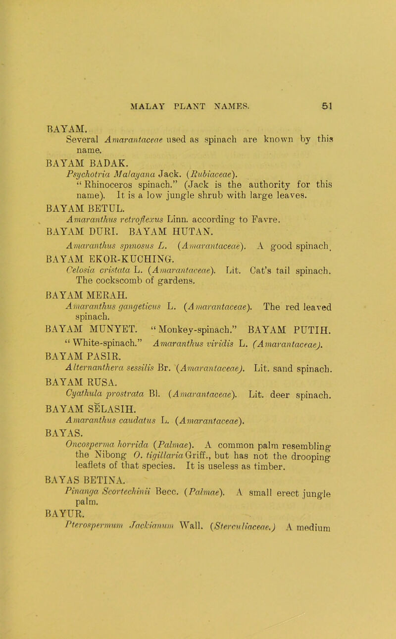 RAYAM. Several Amarantaceae used as spinach are known by this name. BA YAM BADAK. Psychotria Malayana Jack. (Rubiaceae). “ Rhinoceros spinach.” (Jack is the authority for this name). It is a low jungle shrub with large leaves. BAYAM BETUL. , AmarantMis retrojlexus Linn, according to Favre. BAYAM DURI. BAYAM HUTAN. Amaranthus spinosus L. {Amarantaceae). A g'ood spinach, BAYAM EKOR-KUCHING. Celosia cristata L. {Amarantaceae). Lit. Cat’s tail spinach. The cockscomb of gardens. BAYAM MERAH. Amaranthus gangeticus L. {Amarantaceae). The red leaved spinach. BAYAM MUNYET. “ Monkey-spinach.” BAYAM PUTIH. “White-spinach.” Amaranthus viridis L. (Amarantaceae). BAYAM PASIR. Alternanthera sessilis Hr. {Amarantaceae). Lit. sand spinach. BAYAM RUSA. Cyathula prostrata Bl. {Amarantaceae). Lit. deer spinach. BAYAM SELASIH. Amaranthus caudatus L. {Amarantaceae). BAYAS. Oncosperma horrida {Palmae). A common palm resembling the Nibong 0. HgillariaGnE., but has not the drooping leaflets of that species. It is useless as timber. BAYAS BETINA. Pinanga Scortechinii Becc. {Palmae). A small erect jungle palm. BAYUR. Pterospermum .Tackianum Wall. {Sterculiaceoe.) A medium