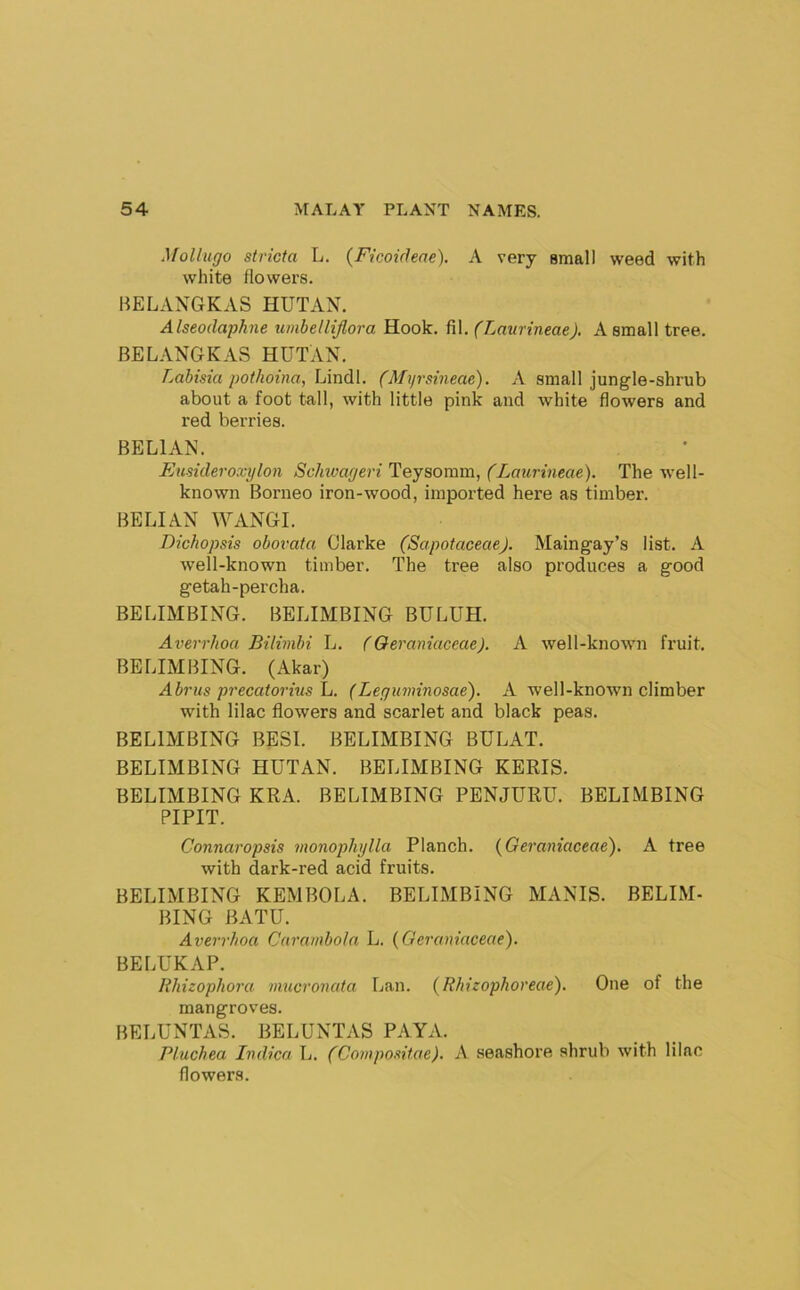 Mollugo stricta L. (Ficoideae). A very small weed with white flowers. BELANGKAS HUTAN. Alseodaphne uinbelltjlora Hook. fil. (Lmirineae). A small tree. BELANGKAS HUTAN. Lahisia pothoina, Lindl. (Myrsineae). A small jungle-shrub about a foot tall, with little pink and white flowers and red berries. BE LI AN. Eusideroxylon Schivayeri Teysomm, (Laurineae). The well- known Borneo iron-wood, impoi’ted here as timber. BELIAN WANGI. Dichopsis obovata Clarke (Sapotaceae). Maingay’s list. A well-known timber. The tree also produces a good getah-percha. BELIMBING. BELIMBING BULUH. Averrhoa Bilimbi L. CGeraniaceae). A well-known fi’uit. BELIMBING. (Akar) Abrus precatorins L. (Leyuviinosae). A well-known climber with lilac flowers and scarlet and black peas. BELIMBING BEST BELIMBING BULAT. BELIMBING HUTAN. BELIMBING KERIS. BELIMBING KRA. BELIMBING PENJURU. BELIMBING PIPIT. Connaropsis monophylla Planch. {Geraniaceae). A tree with dark-red acid fruits. BELIMBING KEMBOLA. BELIMBING MANIS. BELIM- BING BATU. Averrhoa Caramboln L. (^Geraniaceae). BELUKAP. Rhizophora imicronata Lan. (Rhizophoreae), One of the mangroves. BELUNTAS. BELUNTAS PAYA. P/.uchea Ivdica L. (Compoeitae). A seashore shrub with lilac flowers.