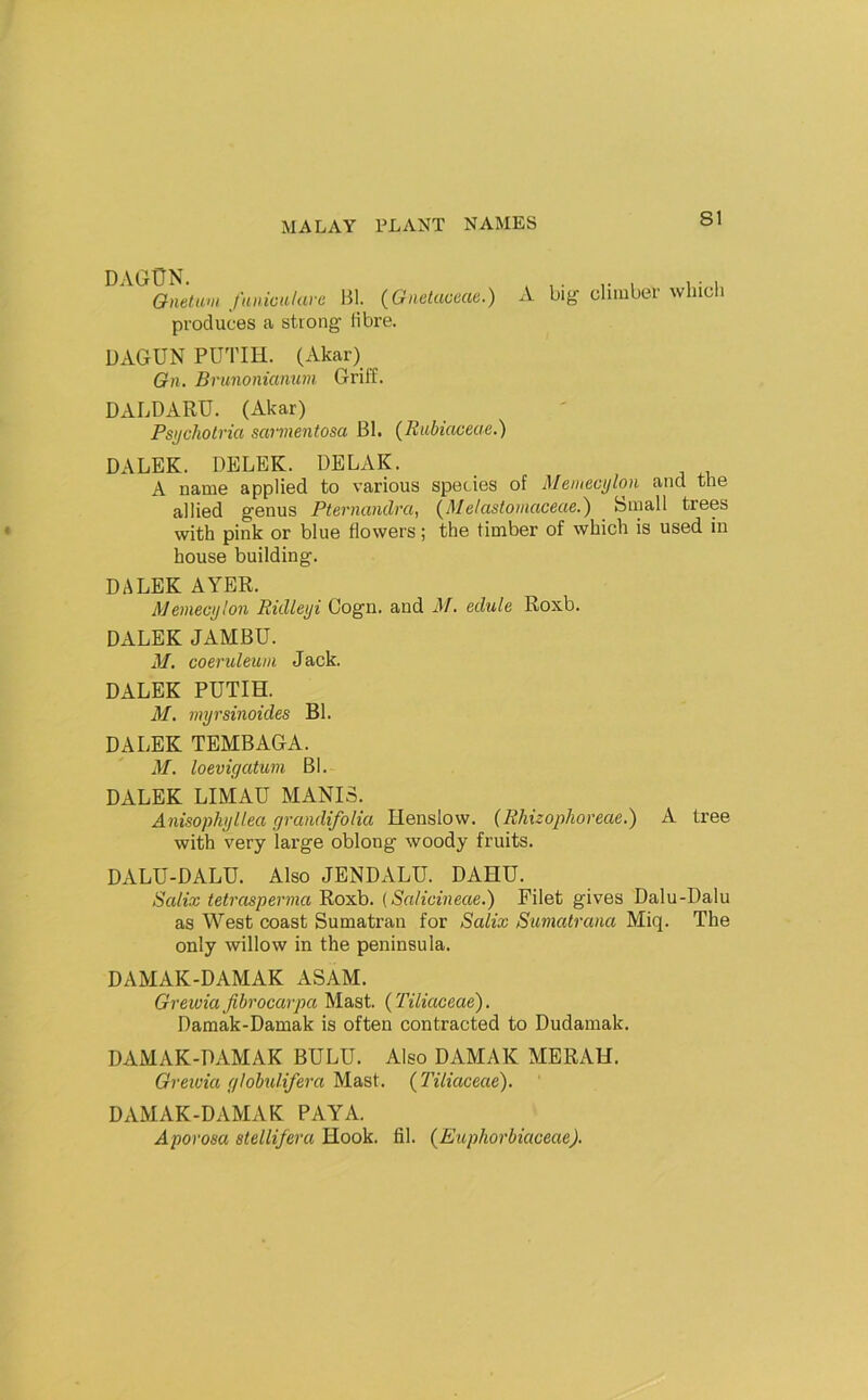 Qnetam funicalure Bl. (Gnetaoeae.) A big- climber wliicli produces a strong Hbre. DAGUN PUTIH. (xVkar) Gn. Brunonianuin GrilE. DALDARU. (Akar) Psychotria sarmentosa Bl. (Rubiaceac.) DALEK. DELEK. DELAK. A name applied to various species of Memeci/lon and the allied genus Pternandra, {Melastomaceae.) binall trees with pink or blue flowers; the timber of which is used in house building. DALEK AYER. AJemecjjlon RkUeiji Cogn. and M. edule Roxb. DALEK JAMBU. M. coeruleuiii Jack. DALEK PUTIH. M. myrsinoides Bl. DALEK TEMBAGA. M. loevigatum Bl. DALEK LIMAU MANIS. Anisophyllea grandifolia Henslow. (Rhizophoreae.) A tree with very large oblong woody fruits. DALU-DALU. Also JENDALU. DAHU. Salix tetrcisperma Roxb. (Salicineae.) Filet gives Dalu-Dalu as West coast Sumatran for Salix Siimatrana Miq. The only willow in the peninsula. DAMAK-DAMAK ASAM. GrewiaJibrocarpa Mast. (Tiliaceae). Damak-Damak is often contracted to Dudamak. DAMAK-DAMAK BULU. Also DAMAK MERAU. Grewia gIobulifera Mast. (^Tiliaceae). DAMAK-DAMAK PAYA. Aporosa stellifera Hook. fil. (Euphorbiaceae).