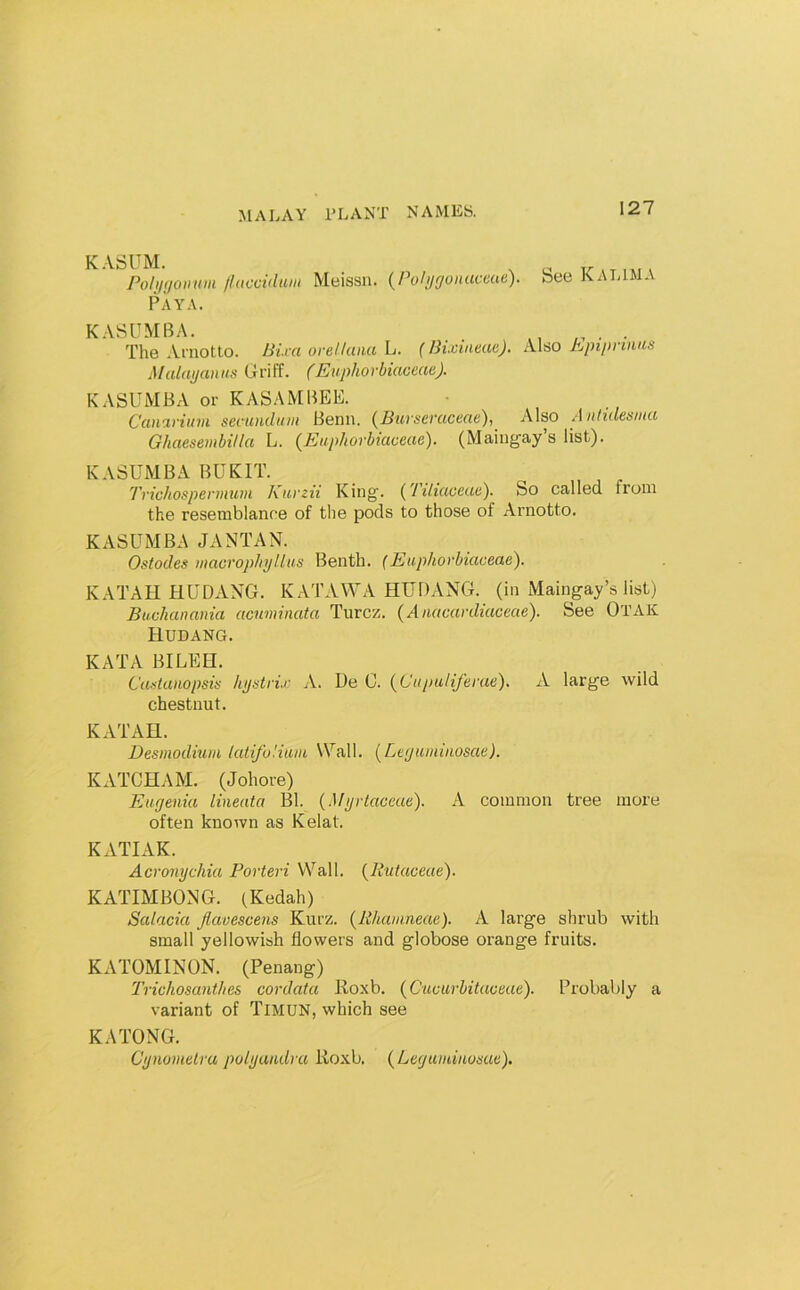 Polmioiium flaccidum Meissn. {Polyfjonuccae). See KatamA Paya. KASUMBA. . The Aniotto. Bi.va orelluiia L. (Bixineae). tW^o hpipnans Malayanus Griff. (Euphorbiaceae). KASUMBA or KASAMBEU. Cananum secundum Benn. {Bursevaceae), Also Anhdesma Ghaesembitla L. (^Euphorbiaceae'). (Maiug'ay s list). KASUMBA BUKIT. TrichospermuM Kiirzii King*. {Tiliaceae), So called from the resemblance of the pods to those of Arnotto. KASUMBA JANTAN. Osfodes macrophylliis Benth. {Euphorbiaceae). KATAH HUDANG. KATAWA HUDANG. (in Maingay’s list) Buchanania acuminata Turcz. (Anacardiaceae). See Otak HUDANG. KATA BILEH. Castanopsis hystrix A. De 0. (Cuj ml (ferae). A large wild chestnut. KATAH. Desmodiuin latifo'.iiun Wall. (Leyuminosae). KATCHAM. (Johore) Eugenia lineata Bl. {.Myrtaceae). A common tree more often known as Kelat. KATTAK. Acronychia Porteri Wall. (Rutaceae). KATIMBONG. (Kedah) Salacia fiavescens Kurz. (Rhamneae). A large shrub with small yellowish flowers and globose orange fruits. KATOMINON. (Penang) Trichosanthes cordata Koxb. (Cucurbitaceae). Probably a variant of Timun, which see KATONG. Cynomeira polyandra Roxb. (Leguminosae).
