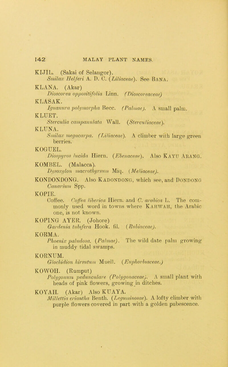 KIJIL (Sakai of Selangor). Sinilax Helferi A. D. C. (Liliaceae). See Bana. KLANA. (Akar) Dioscovea oppositifoHa Linn. (Dioscoreacene) KLASAK. Ignanura polipnorpha Becc. (Palviaej. A small palm. KLUET. Stercnlia campanulata Wall. {Stercutiaceae). KLITNA. Smilax megacarpa. (TAHaceae). A climber with large green berries. KOGUEL. Dioapyros hicida Hiern. {Ebenaceae). Also Kayu Arang. ROM BEL. (Malacca). Dysoxylon macrothyrsum Miq. (Meliaceae). KONDONDONG. Also Kadondong, which see, and Dondong Canariim Spp. KOPIE. Coffee. Cqffea libevica Hiern. and C. arabica L. The com- monly used word in towns where Kahwah, the Ai’abic one, is not known. ROPING AYER. (Johore) Gardenia tubifera Hook. fil. (RvbiaceaeJ. RORMA. Phoenix pahidosa. (Pahnae). The wild date palm growing in muddy tidal swamps. RORNUM. Glochidion hirsutum Muell. (Enphorbmceae.) ROWOH. (Rumput) Polygonum peduncidare (Polygonaceae), A small plant with heads of pink flowers, growing in ditches. ROYAII. (Akar) Also RUAYA. Millettia eriantha Benth. (Leguminosae). A lofty climber with purple flowers covered in part with a golden pubescence.