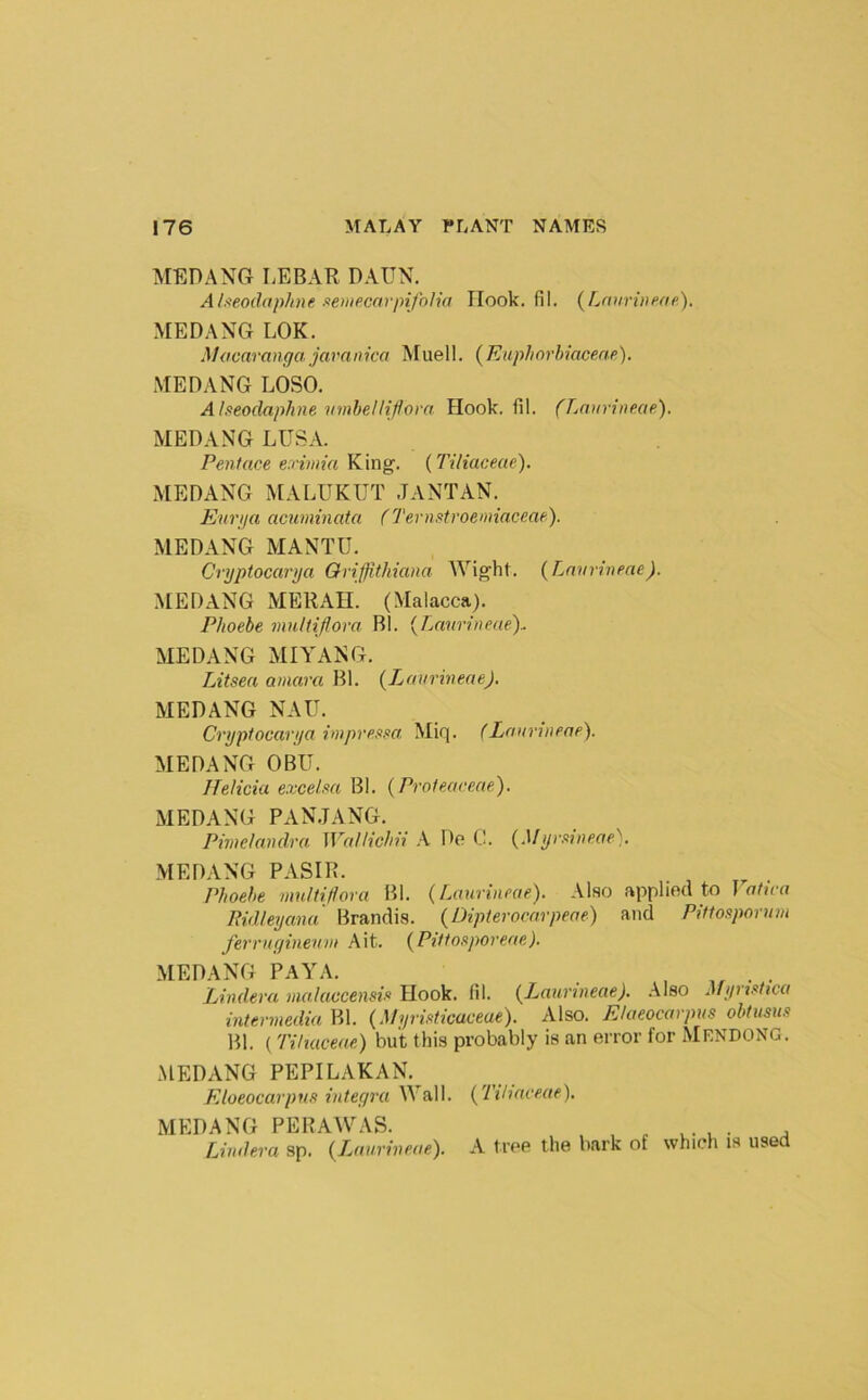 MEDANG LEBAR DAUN. A/.feo(laphne f^enifcar/nfolia Hook. fil. {Lrnirivffifi). MEDANG LOK. Macaranga jaranica Muell. (^Kuphorbiaceae'), MEDANG LOSO. Aheoclaphne vmhelliflora Hook. fil. (LoMrineae). MEDANG LUSA. Pentnce e:nmia King. (Tiliaceae). MEDANG MALUKUT JANTAN. Eurga acuminata (Ternstroemiaceae). MEDANG MANTU. Cryptocamja Oriffithiana AVight. {Lanrinene). .ALEDANG MERAH. (Malacca). Phoebe multiflora Bl. {Lavrineae\ MEDANG MI YANG. Litsea amara Bl. {Laurineae), MEDANG NAU. Crgptocarga imprensa Mic]. (Laurineae). MEDANG OBU. Helicia excelm Bl. (Proteaceae). MEDANG PAN.TANG. Pimelandra Wallichii .A De C. {MijrMne.ae), MEDANG PASIR. Phoebe multiflova Bl. (^Laurineae). Also applied to Vattca Pidleyana Brandis. (Dipterocarpeae) and Pittosporum ferruginenm Ait. {Pittosporeae). MEDANG PAYA. . . Lindera malaccensi-’> Hook. fil. (^Laurineae). .Also ^fyr^^>hca intermedia Bl. {Myrieticaceae). Also. Elaeocarpus obtusus Bl. ( Tiliaceae) but this probably is an error for Mendong. MEDANG PEPILAKAN.^ Elaeocarpus integra M ali. {Tiliaceae). MEDANG PERAAVAS. . . . u- i • .4 Lindera sp. {T^aurineae). A tree the bark of which is used