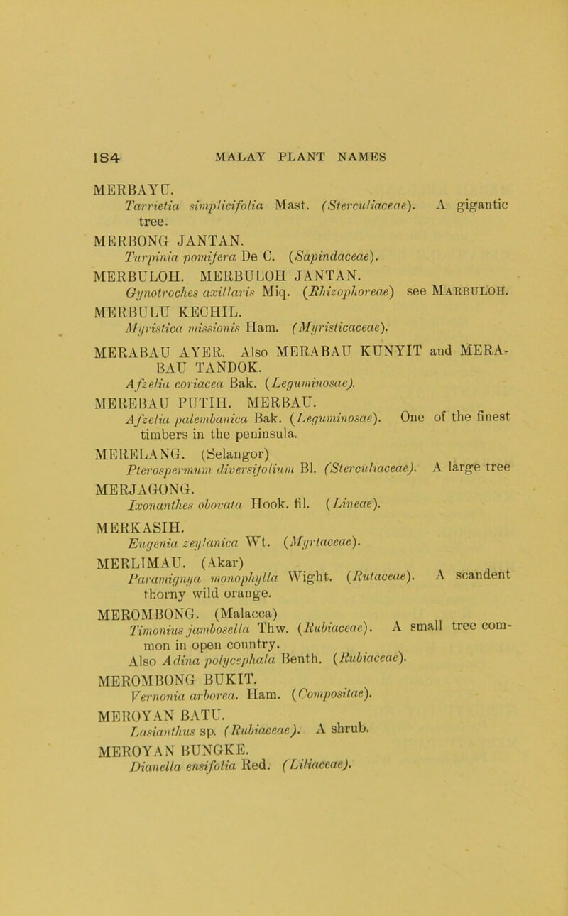 MERBAYD. Tarrietia nimpHcifolia Mast. (Sterculiaceae). A gigantic tree. MERBONG JANTAN. Turpinia pomijera De C. (Sapindaceae). MERBULOH. MERBULOH JANTAN. Oi/notroches axillaris Miq. (^Rhizophoreae) see MabbuLOII. MERBULU KECHIL. Mjiristica missionis Ham. (Myristicaceae). MERABAU AYER. Also MERABAU KUNYIT and MERA- BAU TANDOK. A fzelia coriacea Bak. (LegumvwsaeJ. MEREBAU PUTIII. MERBAU. Afzelia palembanica Bak. (^Leyximinosae). One of the finest timbers in the peninsula. MERELANG. (Selangor) Pterospermum diversifolium Bl. (Stercvhaceae). A large tree MERJAGONG. Ixonanthes obovata Hook. til. (Lineae). MERKASIH. Eugenia zeykinica Wt. {Myrtaceae). MERLIMAU. (.\kar) Paramignya monophylla Wight. (Rutaceae). A scandent thorny wild orange. MEROMBONG. (Malacca) Timonius jambosella Thw. {Rubiaceae). A small tree com- mon in open country. Also Adina polycsphala Benth. (Rubiaceae). MEROMBONG BUKIT. Vernonia arborea. Ham. (Compositae). ME ROY AN BATU. Lasianthus sp. (Rubiaceae). A shrub. MEROYAN BUNGKE. Dianelta ensifolia Red. (LUiaceae).