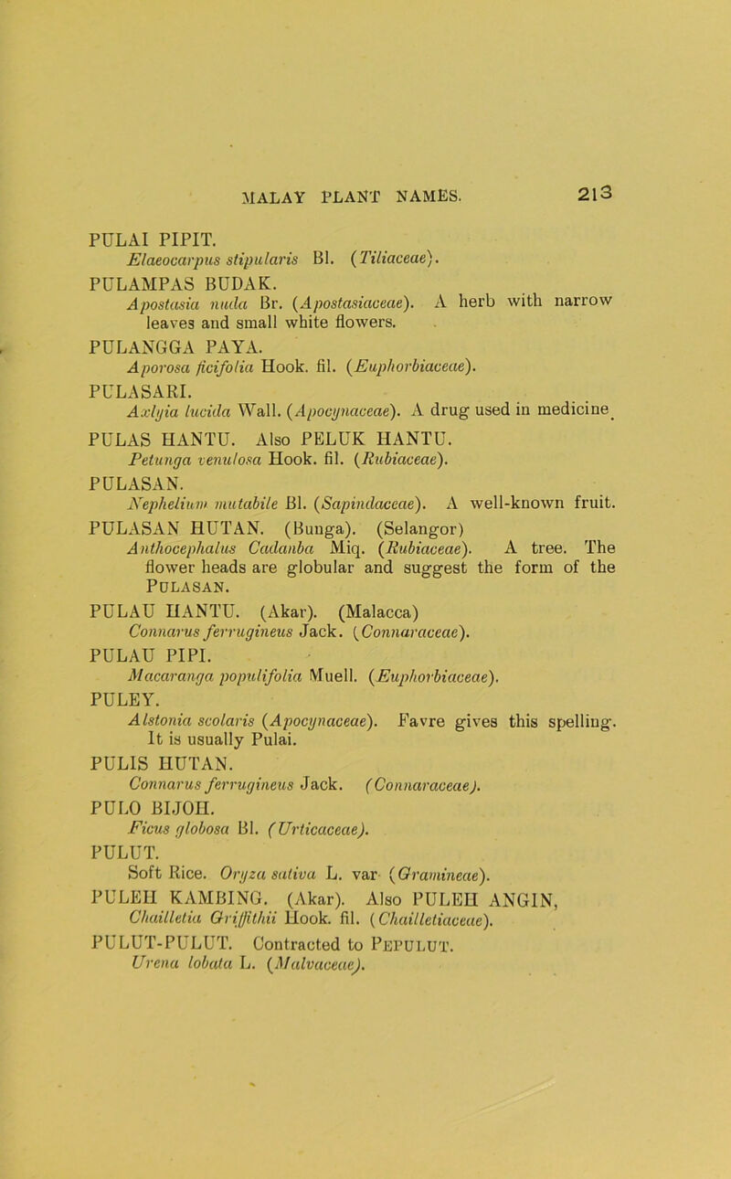 PULAI PIPIT. Elaeocarpus stipidaris BI. (Tiltaceae). PULAMPAS BUDAK. Aposkisia nitda Br. {Apostasimeae). A herb with narrow leaves and small white flowers. PULANGGA PAYA. Aporosa ficifolia Hook. fil. (Euphorbiaceae). PULASARI. Axli/ia lucida Wall. {Apociinaoeae). A drug used in medicine^ PULAS HANTU. Also PELUK HANTU. Petunga venulosa Hook. fil. {Riibiaceae). PULASAN. Kephelium mutabile Bl. (Sapindaceae). A well-known fruit. PULASAN HUT AN. (Buuga). (Selangor) Anthocephalus Cadaiiba Miq. (Rubiaceae). A tree. The flower heads are globular and suggest the form of the PDLASAN. PULAU HANTU. (Akar). (Malacca) Connarus ferrugineus Jack. {Coiinaraceae). PULAU PIPI. Macaranga populifolia Muell. {Euphorbiaceae). PULEY. Alstonia scolaris {Aj)ocgnaceae). Favre gives this spelling. It is usually Pulai. PULIS HUTAN. Connarus ferrugineus Jack. (Connaraceae). PDLO BLJOH. Ficus globosa Bl. (Urticaceae). PULUT. Soft Rice. Orgzu saliva L. var (Oramineae). PULEH KAMBING. (Akar). Also PULEH ANGIN, Chailletia Qrijfithii Hook. fil. {Chailletiaceue). PULUT-PULUT. Contracted to Pepulut. Urena lobuta L. {Malvaceae).