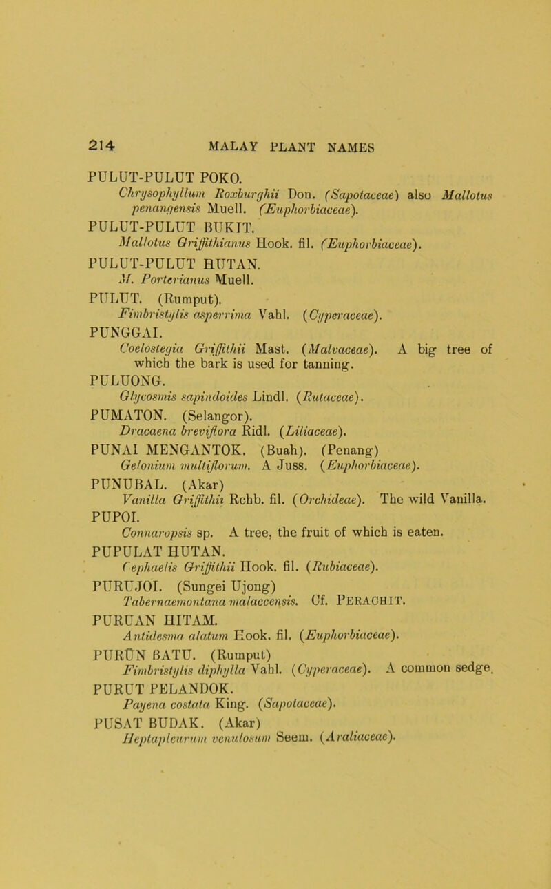 PULUT-PULUT POKO. Chrysophijllum Roxhurghii Don. (Sapotaceae) also Mallotus penangensis Muell. (Euphorbiaceae). PULUT-PULUT BUKIT. Mallotus Grijftthianvs Hook. fil. (Euphorbiaceae), PULUT-PULUT HUTAN. Porterianus Muell. PULUT. (Rumput). Fimbristylis asperrima Vahl. {Cjiperaceae). PUNGGAI. Coeloslegia Griffithii Mast. {Malvaceae). A big' tree of which the bark is used for tanning. PULUONG. Glgcosmis sapindoides Lindl. (Rutaceae). PUMATON. (Selangor). Dracaena brevijlora Ridl. {Liliaceae). PUNA! MENGANTOK. (Buah). (Penang) Gelonium multijlorum. A Juss. {Euphorbiaceae). PUNUBAL. (Akar) Vanilla Griffithii Rchb. fil. {Orchideae). The wild Vanilla. PUPOI. Connaropsis sp. A tree, the fruit of which is eaten. PUPULAT HUTAN. f ephaelis Grijffithii Hook. fil. {Rubiaceae). PURUJOI. (Sungei Ujong) Tabernaemontana malaccensis. Of. PEEACHIT. PURUAN HITAM. Antidesma alatum Hook. fil. {Euphorbiaceae). PURUN BATU. (Rumput) Eimbristglis diplnjlla Vahl. {Cgperaceae). A common sedge. PURUT PELANDOK. Payena costala King. {Sapotaceae). PUSAT BUDAK. (Akar) Jleptapleurnm vcnulosum Seem. {Araliaceae).