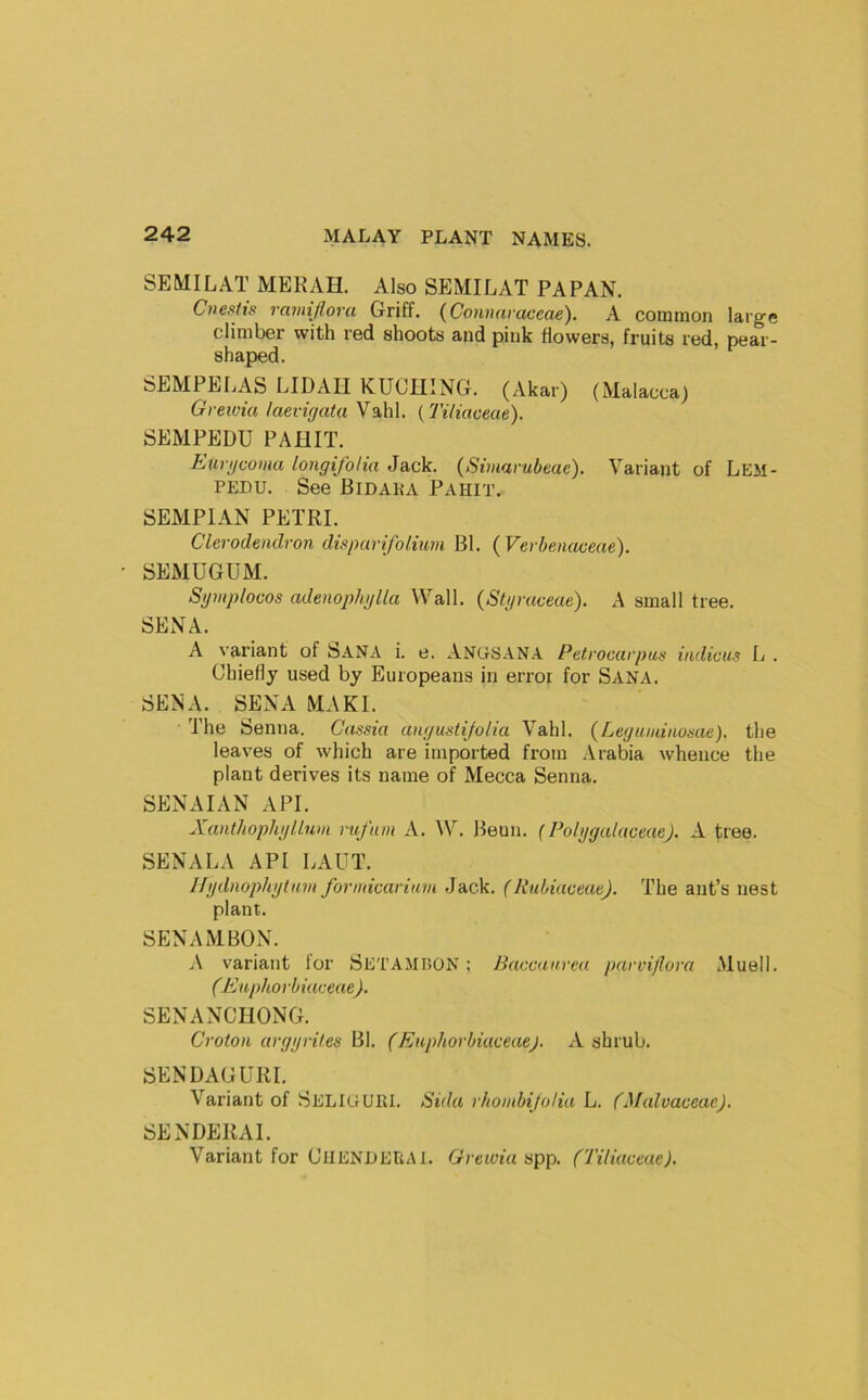 SEMILAT MERAH. Also SEMILAT PAPAN. Cneshs ramijlora Griff. (Connnraceae). A common large climber with red shoots and pink flowers, fruits red, pear- shaped. SEMPELAS LIDAII KUCHING. (Akar) (Malacca) Greioia laevigata Vahl. (Tiliaveae). SEMPEDU PAHIT. Eurijvoina longifoHa Jack. (Siviarubeae). Variant of Lem- PEDU. See Bidaka Pahit. SEMPIAN PETRI. Clerodendron dwparifolium Bl. {Verbenaceae). ■ SEMUGUM. Sgmplocos adenophijlla Wall. (Stgraceae). A small tree. SENA. A variant of SANA i. e. Angsana Petvocarpus indicus L . Chiefly used by Europeans in error for SANA. SENA. SENA MAKI. The Senna. Cassia angustijoiia Vahl. (Leguiuinasae). the leaves of which are imported from Arabia whence the plant derives its name of Mecca Senna. SENAIAN API. XanthophijUum rufam A. W. Beun. (PolggalaceaeJ. A tree. SENALA API LAUT. Jlgdnophgtam formicarium Jack. (liubiaceaej. The ant’s nest plant. SENAMBON. A variant for Setambon ; Baccanrca parvi/lora Muell. (Eaphorbiaeeae). SENANCnONG. Croton arggrites ^\. (Enphorbiaceaej. A shrub. SENDAGURL Variant of SeligUUI. Sidu rhombi/olia L. (Malvaceae). SENDERAI. Variant for ClIENLEriAl. Grewia spp. (Tiliaceae).