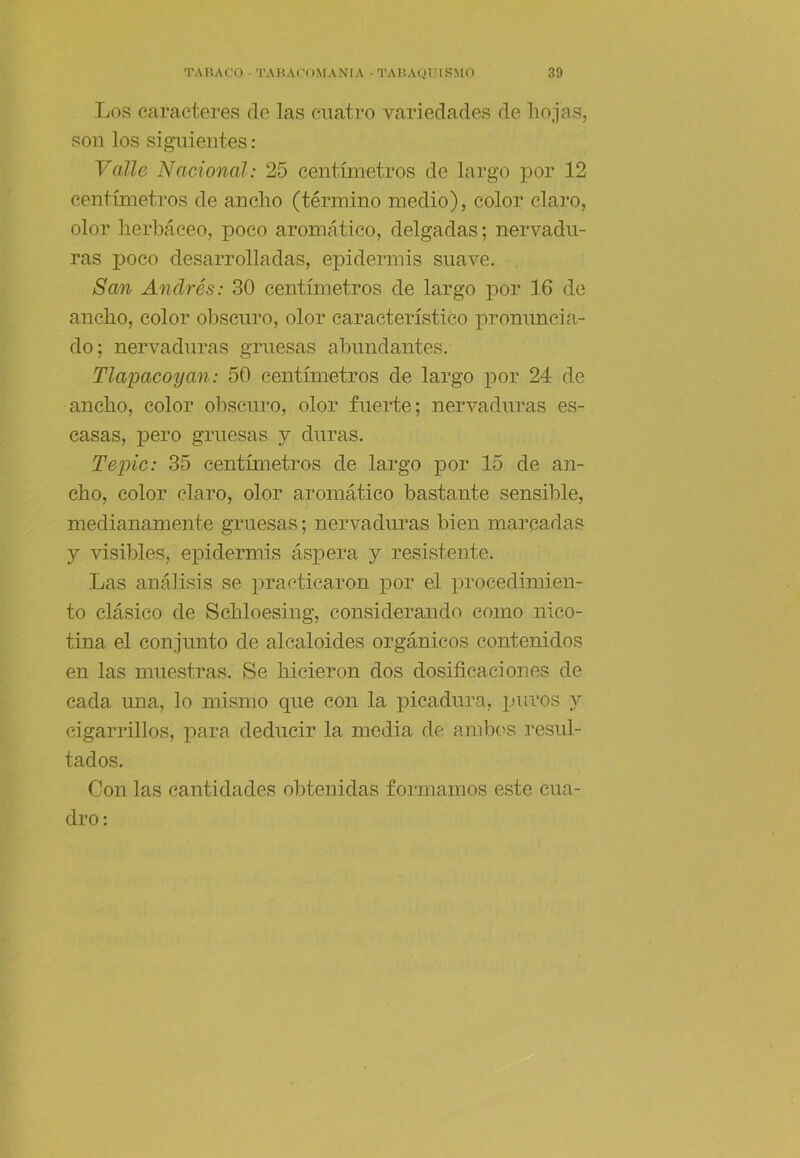 Los caracteres de las cuatro variedades de hojas, son los siguientes: Valle Nacional: 25 centímetros de largo por 12 centímetros de ancho (término medio), color claro, olor herbáceo, poco aromático, delgadas; nervadu- ras poco desarrolladas, epidermis suave. San Andrés: 30 centímetros de largo por 16 de ancho, color obscuro, olor característico pronimcia- do; nervaduras gruesas abundantes. Tlapacoyan: 50 centímetros de largo iDor 24 de ancho, color obscuro, olor fuerte; nervaduras es- casas, pero gruesas y duras. Tepic: 35 centímetros de largo por 15 de an- cho, color claro, olor aromático bastante sensible, medianamente gruesas; nervaduras bien marcadas y visibles, epidermis áspera y resistente. Las análisis se ¡practicaron por el procedimien- to clásico de Schloesing, considerando como nico- tina el conjunto de alcaloides orgánicos contenidos en las muestras. Se hicieron dos dosificaciones de cada mía, lo mismo que con la picadura, puros y cigarrillos, para deducir la media de amb(>s resul- tados. Con las cantidades obtenidas formamos este cua- dro ;