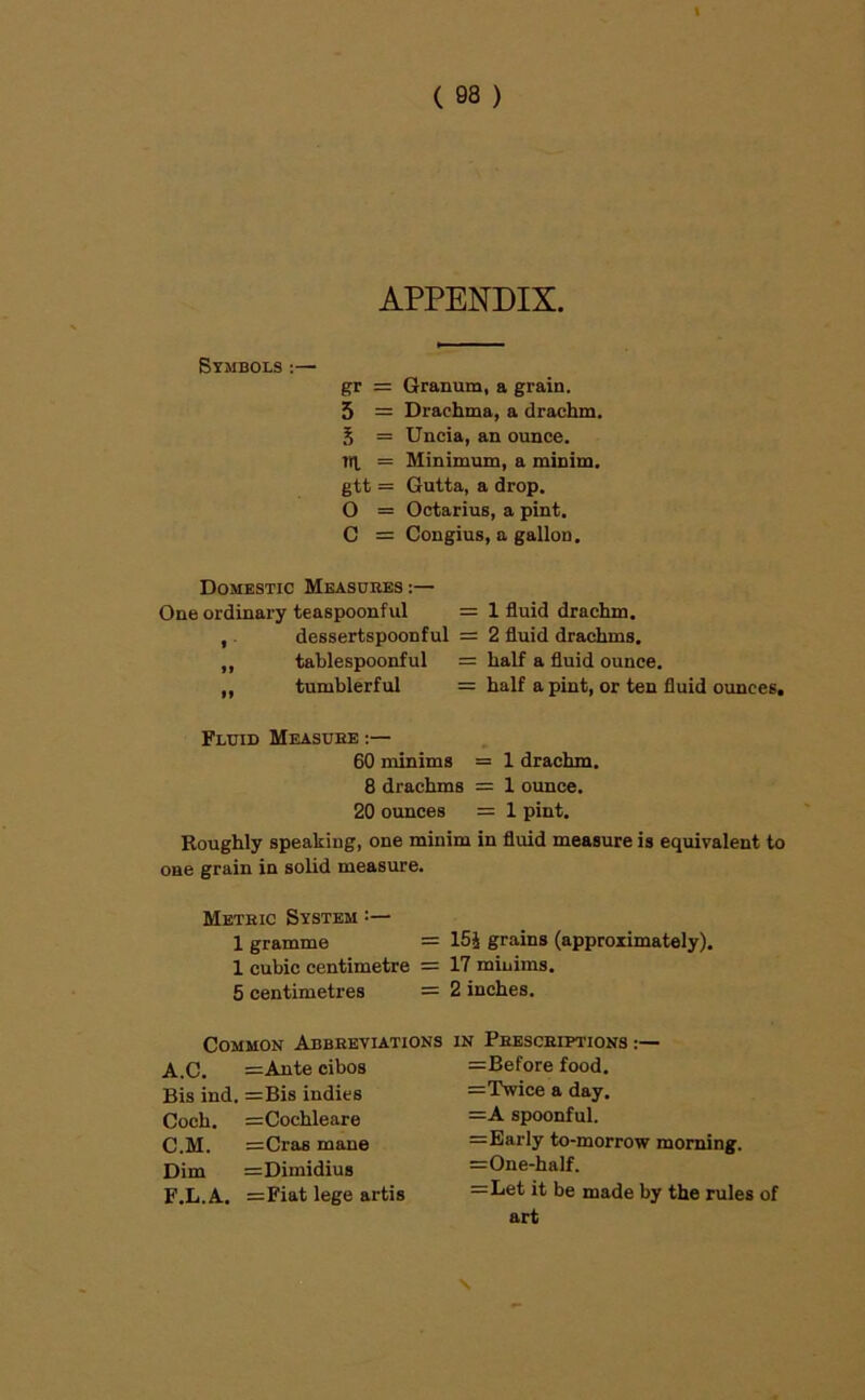 APPENDIX. Symbols :— gr = Granum, a grain. 5 = Drachma, a drachm, 5 = Uncia, an ounce, m = Minimum, a minim, gtt = Gutta, a drop. O = Octarius, a pint. C = Congius, a gallon. Domestic Measukes :— One ordinary teaspoonful = 1 fluid drachm. ,. dessertspoonful = 2 fluid drachms. ,, tablespoonful = half a fluid ounce. ,, tumblerful = half a pint, or ten fluid ounces. Fluid Measuee :— 60 minims — 1 drachm, 8 drachms = 1 ounce. 20 ounces = 1 pint. Roughly speaking, one minim in fluid measure is equivalent to one grain in solid measure. Meteic System :— 1 gramme = 15J grains (approximately). 1 cubic centimetre = 17 minims. 5 centimetres = 2 inches. Common Abbeeviations A.C. =Ante cibos Bis ind. =Bis indies Coch. =Cochleare C.M. =Cras mane Dim =Dimidius F.L.A. =Fiat lege artis IN Peesceiptions :— =Before food, =Twice a day. =A spoonful. =Barly to-morrow morning. =One-half. =Let it be made by the rules of art