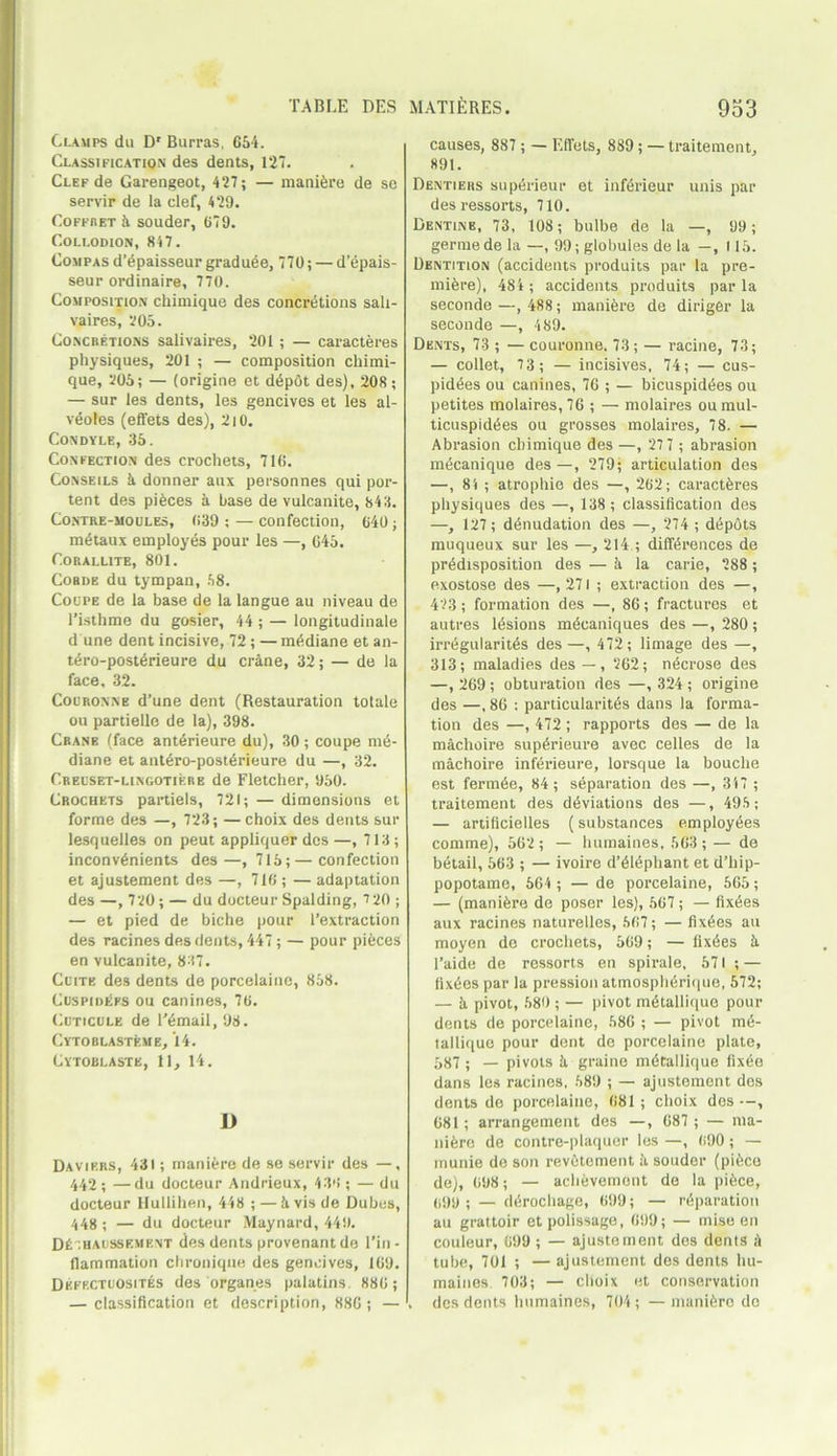 TABLE DES Clamps du Dr Burras, 654. Classification des dents, 127. Clef de Garengeot, 427; — manure de se servir de la clef, 429. Coffret k souder, 679. Collodion, 847. Compas d’epaisseur graduee, 770; — d’epais- seur ordinaire, 770. Composition chimique des concretions sali- vaires, 205. Concretions salivaires, 201; — caracteres physiques, 201 ; — composition cliimi- que, 205; — (origine et depot des), 208; — sur les dents, les gencives et les al- veoles (effets des), 2i0. Condyle, 35. Confection des crochets, 716. Conseils k donner aux personnes qui por- tent des pieces a base de vulcanite, 843. Contre-moules, 639 ; — confection, 640; metaux employes pour les —, 645. Corallite, 801. Cobdb du tympan, 58. Coupe de la base de la langue au niveau de l’isthme du gosier, 44 ; — longitudinale dune dent incisive, 72; — mddiane et an- t6ro-post6rieure du crane, 32; — de la face, 32. Couronne d’une dent (Restauration totale ou partielle de la), 398. Crane (face antkrieure du), 30 ; coupe m<5- diane et ant6ro-post6rieure du —, 32. Creuset-lingotif.re de Fletcher, 950. Crochets partiels, 721; — dimensions et forme des —, 723; —choix des dents sur lesquelles on peut appliquer des —, 713; inconv^nients des—, 715;—confection et ajustement des —, 716; — adaptation des —, 720; — du docteur Spalding, 7 20 ; — et pied de biche pour l’extraction des racines des dents, 447; — pour pieces en vulcanite, 837. Cuitb des dents de porcelaine, 858. Ccspidefs ou canines, 76. Cuticule de F6mail, 98. Cytoblasteme, 14. Cytoblastb, 11, 14. I) Davirrs, 431; maniere de se servir des —, 442; —du docteur Andrieux, 436 ; — du docteur Hullihen, 448 ; — k vis de Dubes, 448 ; — du docteur Maynard, 449. D£’.haussf.ment des dents provenant de l’in- flammation chroniqne des gencives, 169. Deff.ctuosites des organes palatins. 886 ; — classification et description, 886 ; — MATIERES. 953 causes, 887 ; — Effets, 889; — traitement, 891. Rentiers superieur et inf^rieur unis par desressorts, 710. Dentine, 73, 108; bulbe de la —, 99 ; germe de la —, 99; globules de la —, 115. Dentition (accidents produits par la pre- miere), 484 ; accidents produits par la seconde—, 488; maniere de diriger la seconde —, 489. Dents, 73 ; — couronne. 73; — ratine, 73; — collet, 73; — incisives, 74; — cus- pidees ou canines, 76 ; — bicuspidees ou petites molaires, 76 ; — molaires ou mul- ticuspid6es ou grosses molaires, 78. — Abrasion chimique des —, 27 7 ; abrasion mecanique des—, 279; articulation des —, 84 ; atrophie des —, 262; caracteres physiques des —, 138 ; classification des —, 127; denudation des —, 274 ; depots muqueux sur les —, 214 ; differences de predisposition des — k la carie, 288 ; exostose des —,271 ; extraction des —, 423 ; formation des —, 86; fractures et autres lesions mecaniques des —, 280; irregularites des—, 472; limage des —, 313; maladies des —, 262; necrose des —, 269 ; obturation des —, 324 ; origine des —, 86 ; particularity dans la forma- tion des —, 472 ; rapports des — de la maclioire superieure avec celles de la machoire inferieure, lorsque la bouclie est fermee, 84; separation des —, 347 ; traitement des deviations des —, 495; — artificielles (substances employees comme), 562 ; — humaines, 563; — de betail, 563 ; — ivoire d’eiephant et d’hip- popotame, 664 ; — de porcelaine, 565; — (manure de poser les), 567; — fixees aux racines naturelles, 567; — fixees au moyen do crochets, 569; — fixees k l’aide de ressorts en spirale, 571 ; — fixees par la pression atmospherique, 572; — k pivot, 580 ; — pivot metallique pour dents de porcelaine, 586 ; — pivot me- tailique pour dent de porcelaine plate, 587 ; — pivots k graine metallique fixeo dans les racines, 589 ; — ajustement des dents de porcelaine, 681 ; choix des —, 681; arrangement des —, 687 ; — ma- niere de contre-plaquer les —, 690 ; — inunie de son revetement a souder (pikee de), 698; — achevement de la pikee, 699 ; — derochage, 699; — reparation au grattoir etpolissage, 699; — mise en couleur, 699 ; — ajustement des dents 5 tube, 701 ; — ajustement des dents hu- maines 703; — clioix et conservation . des dents humaines, 704; — maniere do