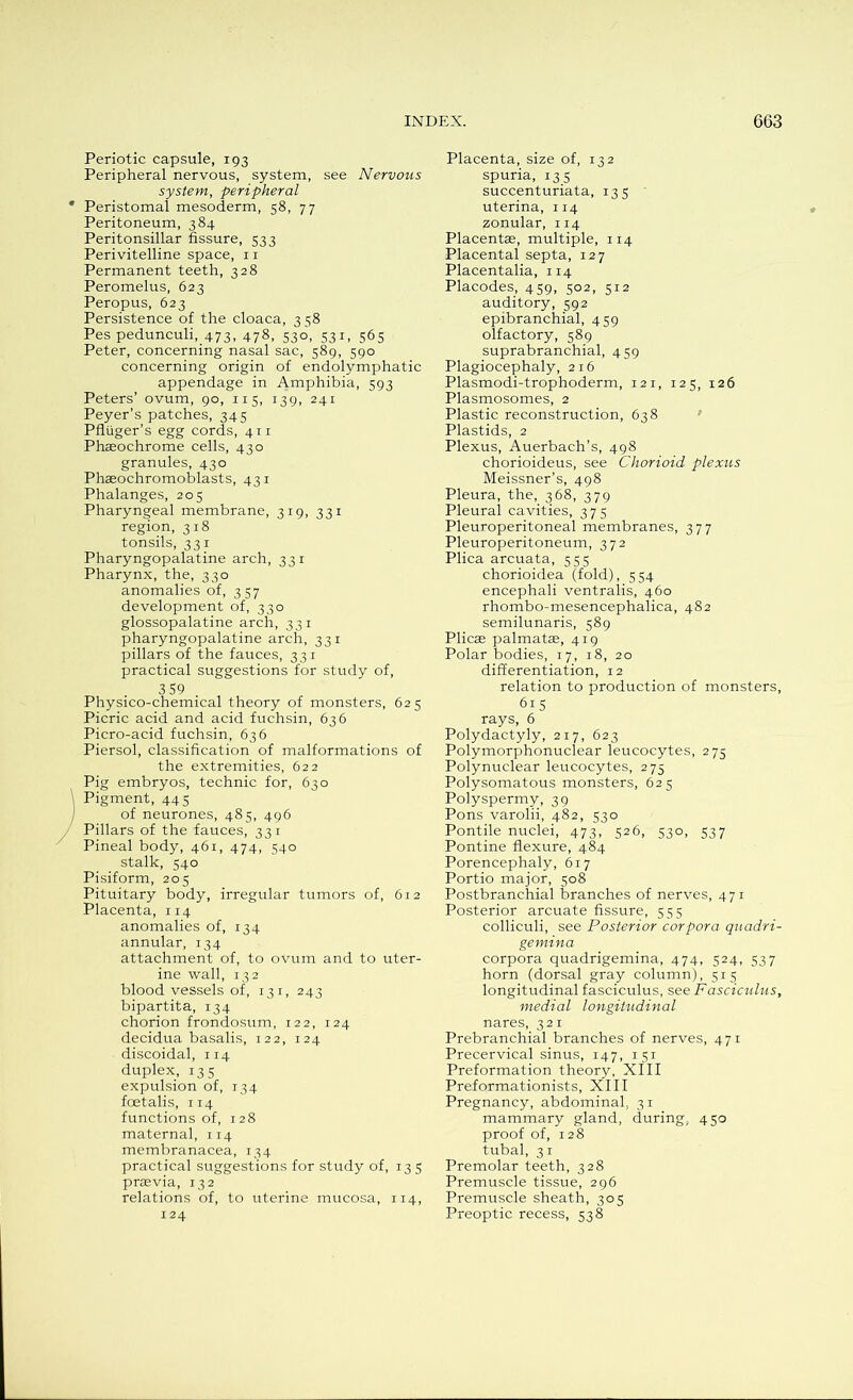 Periotic capsule, 193 Peripheral nervous, system, see Nervous system, peripheral Peristomal mesoderm, 58, 77 Peritoneum, 384 Peritonsillar fissure, 533 Perivitelline space, 11 Permanent teeth, 328 Peromelus, 623 Peropus, 623 Persistence of the cloaca, 3 58 Pes pedunculi,_473, 478, 530, 531, 565 Peter, concerning nasal sac, 589, 590 concerning origin of endolymphatic appendage in Amphibia, 593 Peters’ ovum, 90, 11 5, 139, 241 Peyer’s patches, 345 Pfliiger’s egg cords, 411 Phaeochrome cells, 430 granules, 430 Phaeochromoblasts, 431 Phalanges, 205 Pharyngeal membrane, 319, 331 region, 318 tonsils, 331 Pharyngopalatine arch, 331 Pharynx, the, 330 anomalies of, 357 development of, 330 glossopalatine arch, 331 pharyngopalatine arch, 331 pillars of the fauces, 331 practical suggestions for study of, 3 59 Physico-chemical theory of monsters, 625 Picric acid and acid fuchsin, 636 Picro-acid fuchsin, 636 Piersol, classification of malformations of the extremities, 622 Pig embryos, technic for, 630 Pigment, 445 of neurones, 485, 496 Pillars of the fauces, 331 Pineal body, 461, 474, 540 stalk, 540 Pisiform, 205 Pituitary body, irregular tumors of, 612 Placenta, 114 anomalies of, 134 annular, 134 attachment of, to ovum and to uter- ine wall, 132 blood vessels of, 131, 243 bipartita, 134 chorion frondosum, 122, 124 decidua basalis, 122, 124 discoidal, 114 duplex, 135 expulsion of, 134 foetalis, 114 functions of, 128 maternal, 114 membranacea, 134 practical suggestions for study of, 135 praevia, 132 relations of, to uterine mucosa, 114, 124 Placenta, size of, 132 spuria, 135 succenturiata, 135 uterina, 114 zonular, 114 Placentae, multiple, 114 Placental septa, 127 Placentalia, 114 Placodes, 459, 502, 512 auditory, 592 epibranchial, 459 olfactory, 589 suprabranchial, 459 Plagiocephaly, 216 Plasmodi-trophoderm, 121, 125, 126 Plasmosomes, 2 Plastic reconstruction, 638 Plastids, 2 Plexus, Auerbach’s, 498 chorioideus, see Chorioid plexus Meissner’s, 498 Pleura, the, 368, 379 Pleural cavities, 375 Pleuroperitoneal membranes, 377 Pleuroperitoneum, 372 Plica arcuata, 555 chorioidea (fold), 554 encephali ventralis, 460 rhombo-mesencephalica, 482 semilunaris, 589 Plicae palmatae, 419 Polar bodies, 17, 18, 20 differentiation, 12 relation to production of monsters, 615 rays, 6 Polydactyly, 217, 623 Polymorphonuclear leucocytes, 273 Polynuclear leucocytes, 275 Polysomatous monsters, 625 Polyspermy, 39 Pons varolii, 482, 530 Pontile nuclei, 473, 526, 530, 537 Pontine flexure, 484 Porencephaly, 617 Portio major, 508 Postbranchial branches of nerves, 471 Posterior arcuate fissure, 555 colliculi, see Posterior corpora quadri- gemina corpora quadrigemina, 474, 524, 337 horn (dorsal gray column), 515 longitudinal fasciculus, see Fasciculus, medial longitudinal nares, 321 Prebranchial branches of nerves, 471 Precervical sinus, 147, 151 Preformation theory, XIII Preformationists, XIII Pregnancy, abdominal, 31 mammary gland, during, 450 proof of, 128 tubal, 31 Premolar teeth, 328 Premuscle tissue, 296 Premuscle sheath, 305 Preoptic recess, 538