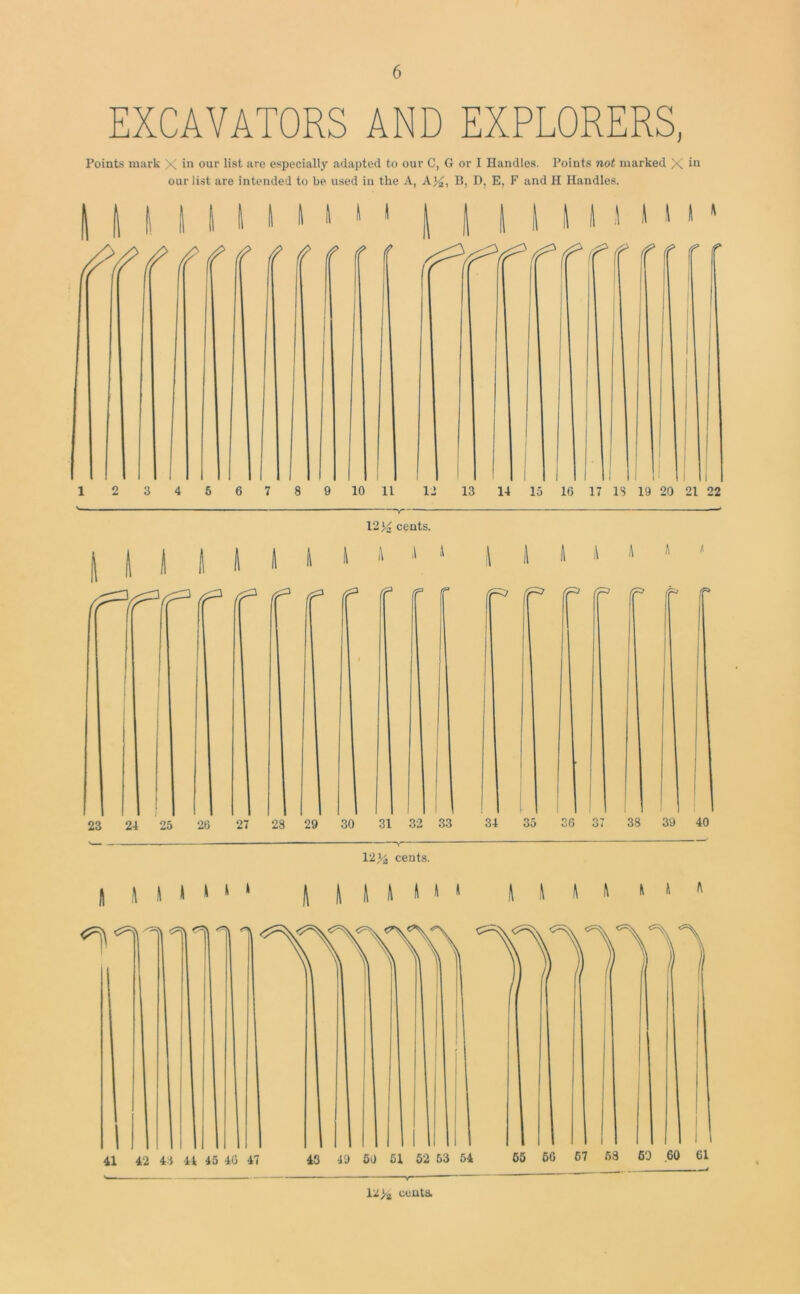 EXCAVATORS AND EXPLORERS, Points mark X in our list are especially adapted to our C, G or I Handles. Points not marked X in our list are intended to be used iu the A, AB, D, E, F and H Handles. 12 cents. 1 lilt 1 » » ‘ J A 12ya cents. | A 1 I I 1 1 (111 Jilt 1 1 A A ‘ ‘ *