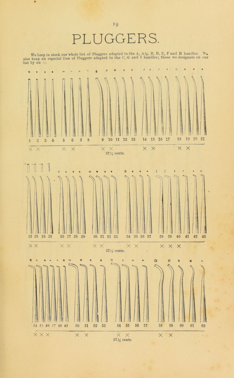 *9 « PLUGGERS. We keep in stock our whole list of Pluggers adapted to the A, A%, B, D, E, F and El handles. also keep an especial line of Pluggers adapted to the C, G and 1 handles; these we designate on our list by an X* X X X X X X 37K cents. X X X X •K U a V XX XX XX 37% cents. 34 35 36 37 X X : ; s : 1 i A j| • ' 1 i i 1 I 1 .. i 1 i 1 11 111 jl I i I nw I i I Ull 1 i 38 39 40 41 42 43 XXX