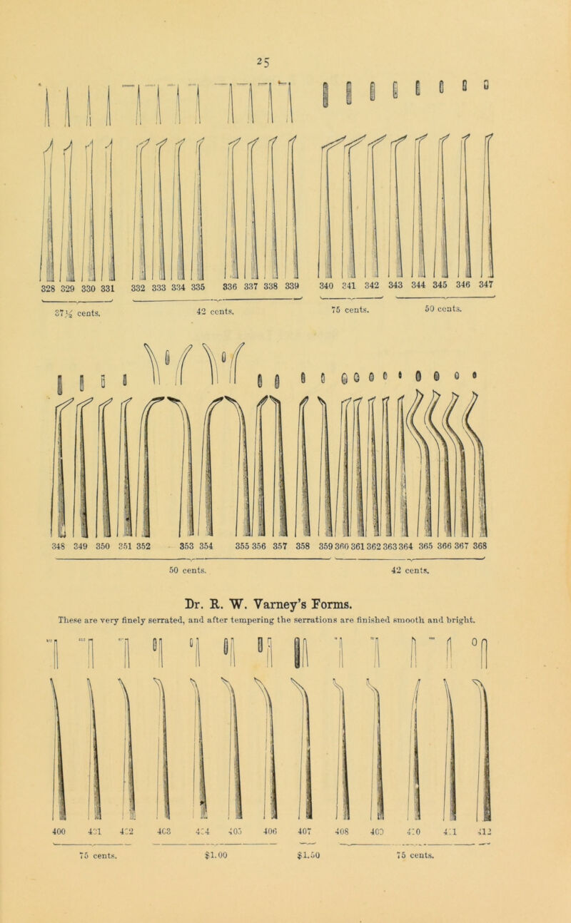 37cents. ■f / f (f rf f ff (7 42 cents. 1 1 fi i 8 8 ° (7 340 341 342 343 344 345 346 347 75 cents. 50 cents 0 0 & 0 e e e 0 © 0 8 355 356 357 358 359 360 361362 363364 365 366 367 368 50 cents. 42 cents. Dr. R. W. Varney’s Forms. These are very finely serrated, and after tempering the serrations are finished smooth and bright.